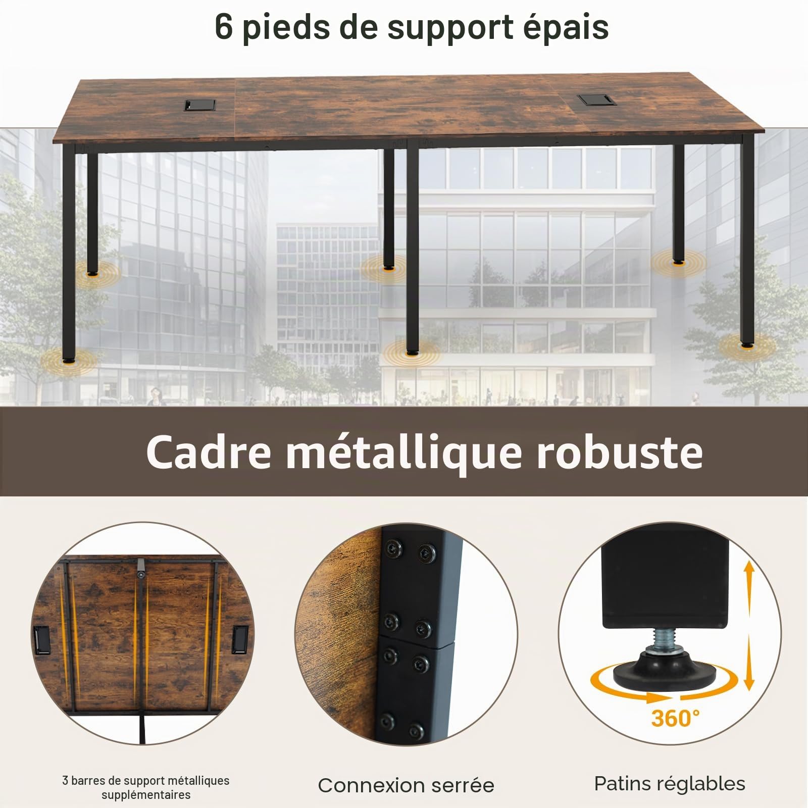 LIFEZEAL Table de réunion grande, 240 x 120 cm, pour 8-10 personnes, porte ordinateur, 2 passerelles, bureau industriel en bois et métal