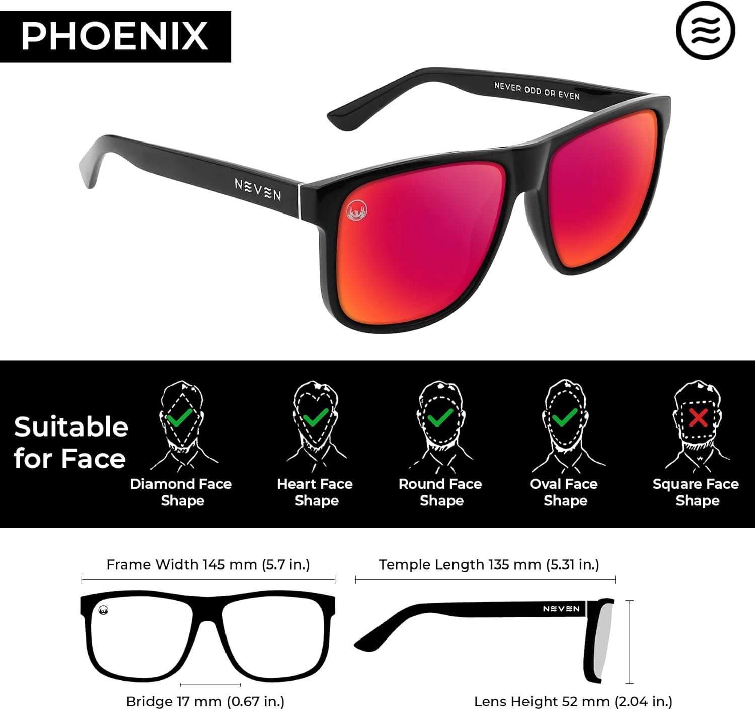 NEVEN Phoenix Men’s Polarized Sunglasses - Classic, Premium Rectangle Glasses - Bold Concert Sunglasses for Active Lifestyles