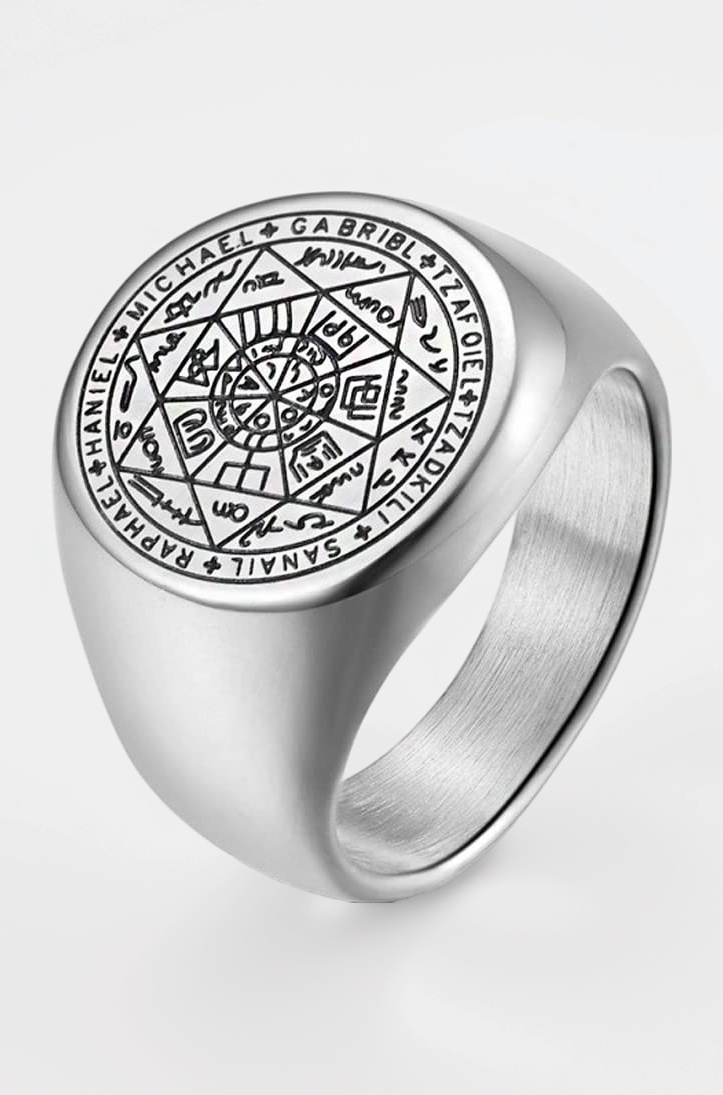 Rings for Men Stainless Steel Silver Ring The Seals of The Seven Archangels Protection Band Ring for Men and Boys.