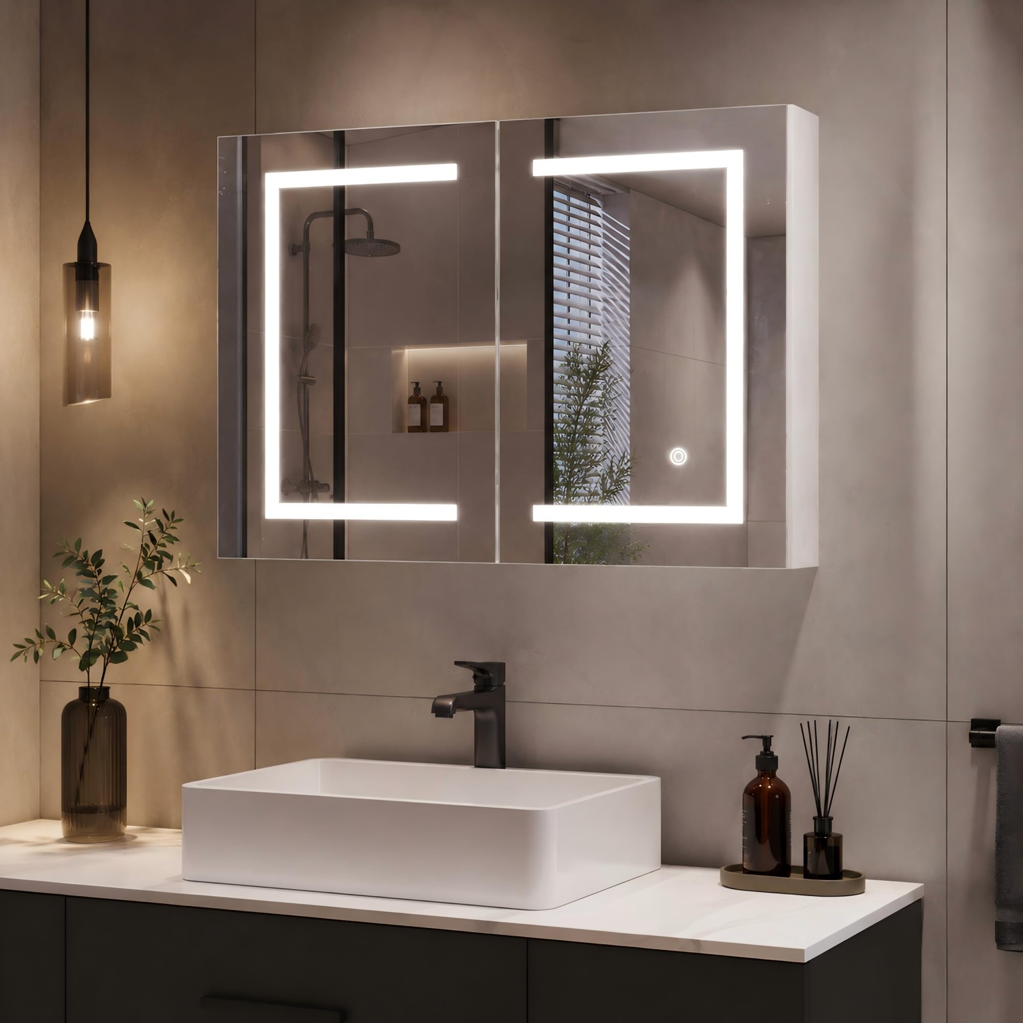 Armario con Espejo Baño con Luz LED, Armario de Baño con Estantes Ajustables, Espejo Inteligente baño con Interruptor de Sensor Táctil, Temperatura de Color Ajustable (60 x 80 x 14 cm)