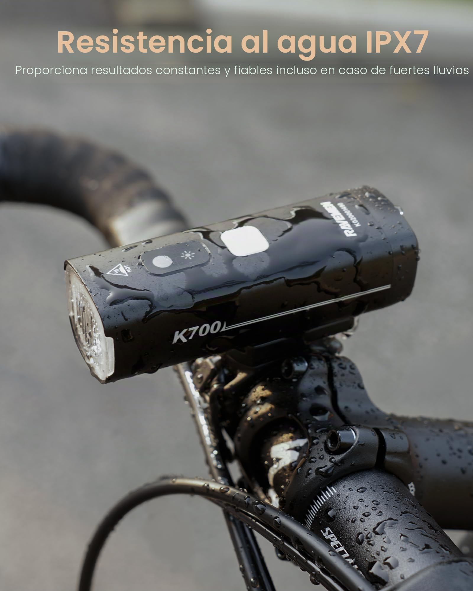 RAVEMEN K700 Faro de Bicicleta, 700 Lúmenes Modo de Luz Diurna Inteligente USB-C IPX7 Resistente al Agua 4 Modos Adecuado para Desplazamientos,Montar en Carretera