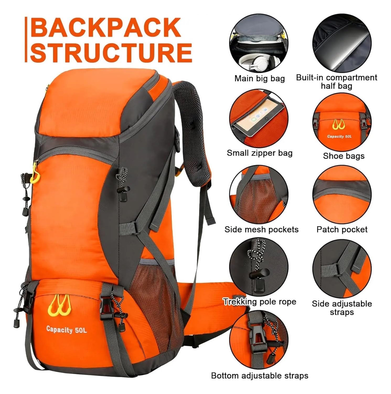 Mochila de senderismo impermeable de 50 litros, ligera, con cubierta para lluvia, para camping, senderismo, senderismo, deportes al aire libre