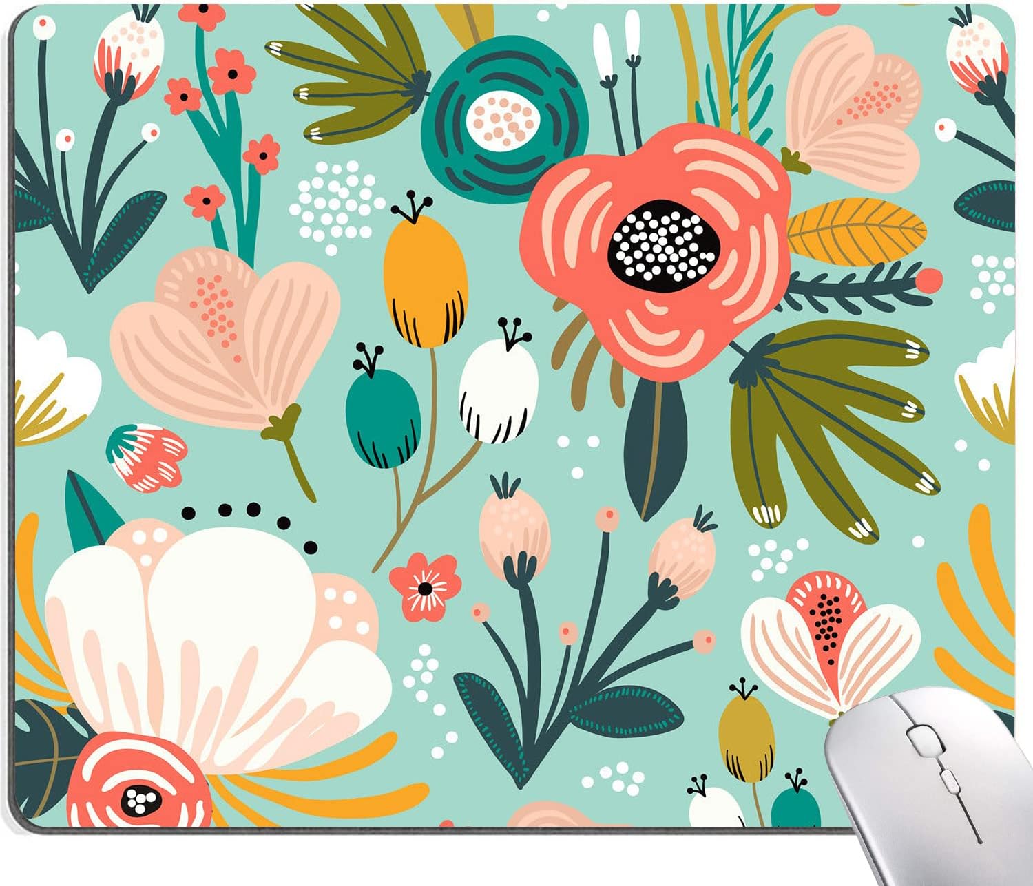 Mouse Pad, Abstract Floral Mouse Pad, Cute Mouse Pads with Designs for Women, Square Waterproof Mousepad Non-Slip Rubber Base Wireless Mouse Pads for Office Laptop, Mint Floral Teal