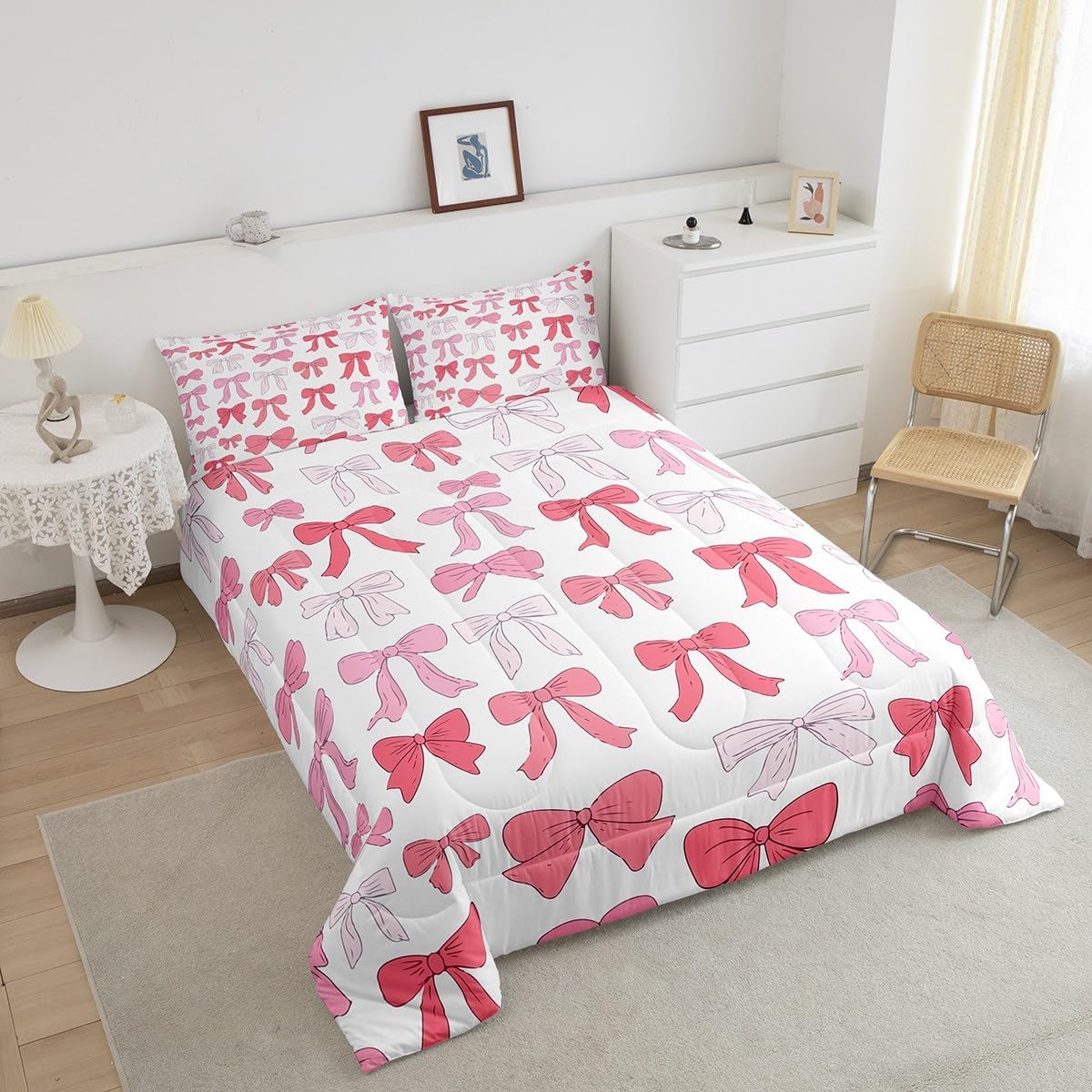 jejeloiu Pink White Bowknot Girly Bedding Set Cute Ribbon Bow for Kids Duvet Set Bow Pattern Twin Size Comforter Set Bedroom Decor Cartoon Cute Breathable Soft Quilt Set 2Pcs
