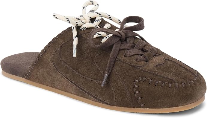 Sneaker Mules for Women Round Toe Lace up Slip on Suede Mule with Two Tone Laces Closed Toe Casual Backless Flats Shoes