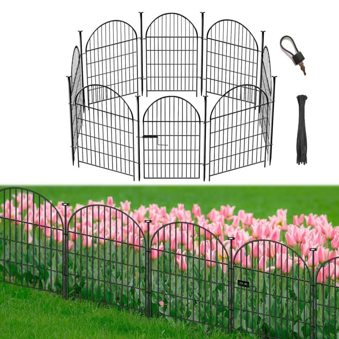 Okaygardn Garden Fence Border, 32 in(H) x17.5 Ft(L) 8 Panels, Tall Garden Animal Barrier Fence with Gate, Dog Fence Outdoor for Yard, Arched Rustproof Metal No Dig Fence, Flower Bed Fencing