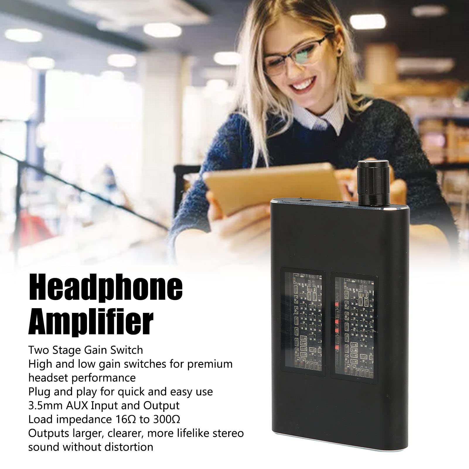 Bewinner Amplificateur de Casque Portable, 16 Ω à 300 Ω HiFi Stéréo Ampli pour écouteurs avec Sortie Audio 3,5 Mm, Câble AUX Rechargeable pour Téléphone, Ordinateur, MP3