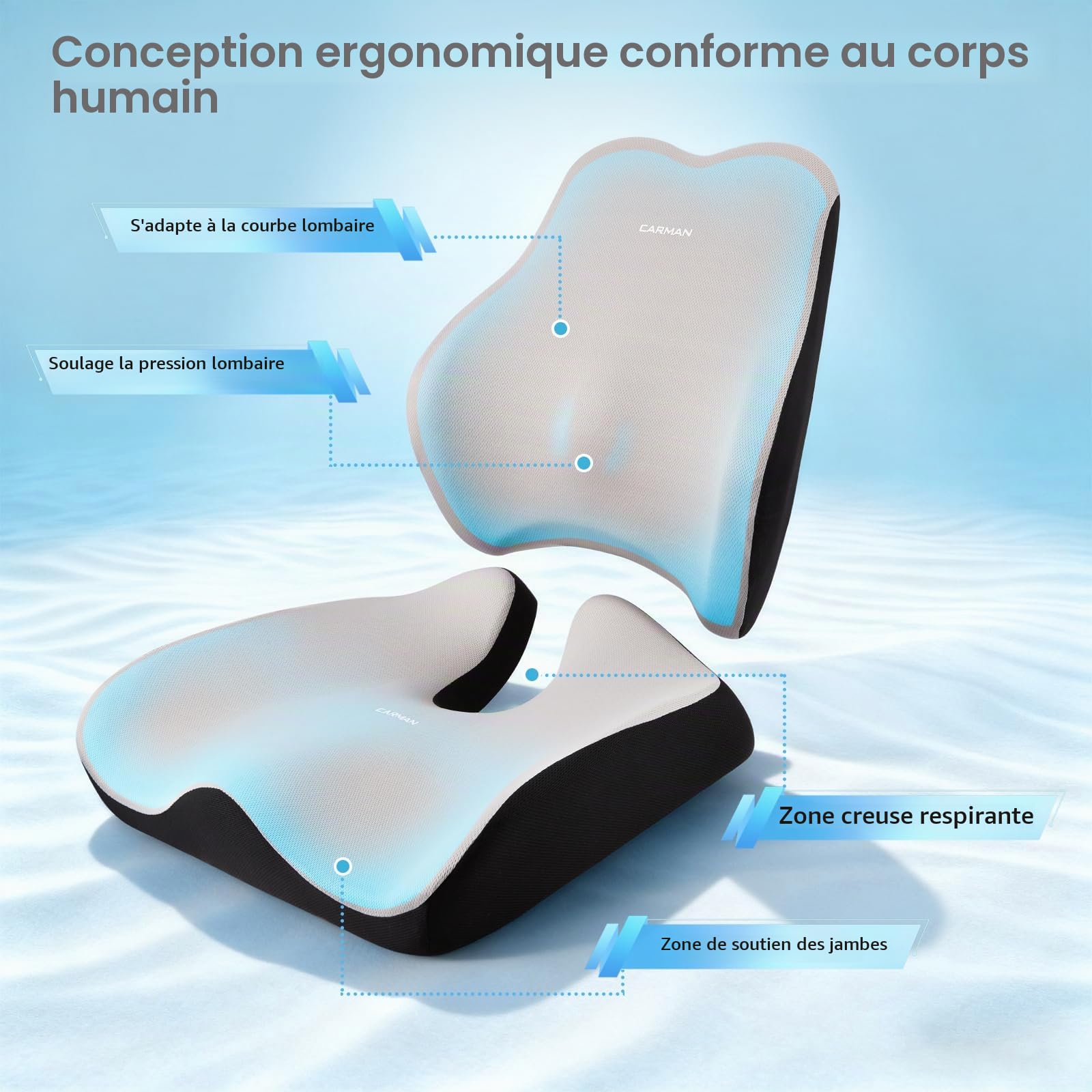Coussin Ergonomique Assise en Mousse Mémoire - Coussin de Décoccyx pour Siège de Bureau et Voiture, Soulagement de la Douleur Lombaire, pour Chaise Gaming et Fauteuil