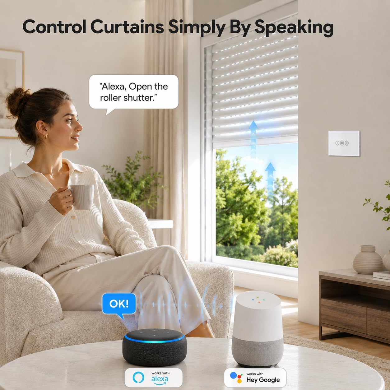 LoraTap Interrupteur WiFi pour rideaux, interrupteur tactile, contrôlable par application ou voix via Alexa Echo et Google Home. Interrupteur à distance pour volets roulants AC 600 W et volets