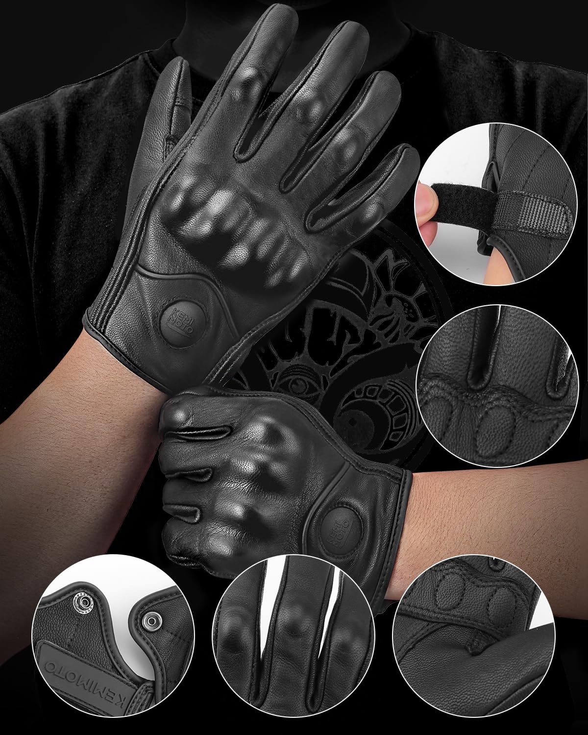 KEMIMOTO Guanti Moto in Pelle, Guanti da Motociclismo Touchscreen per Uomo e Donna con Protezione delle Nocche, Ideali per Motocross, Scooter, Ciclomotori, Quad, ATV