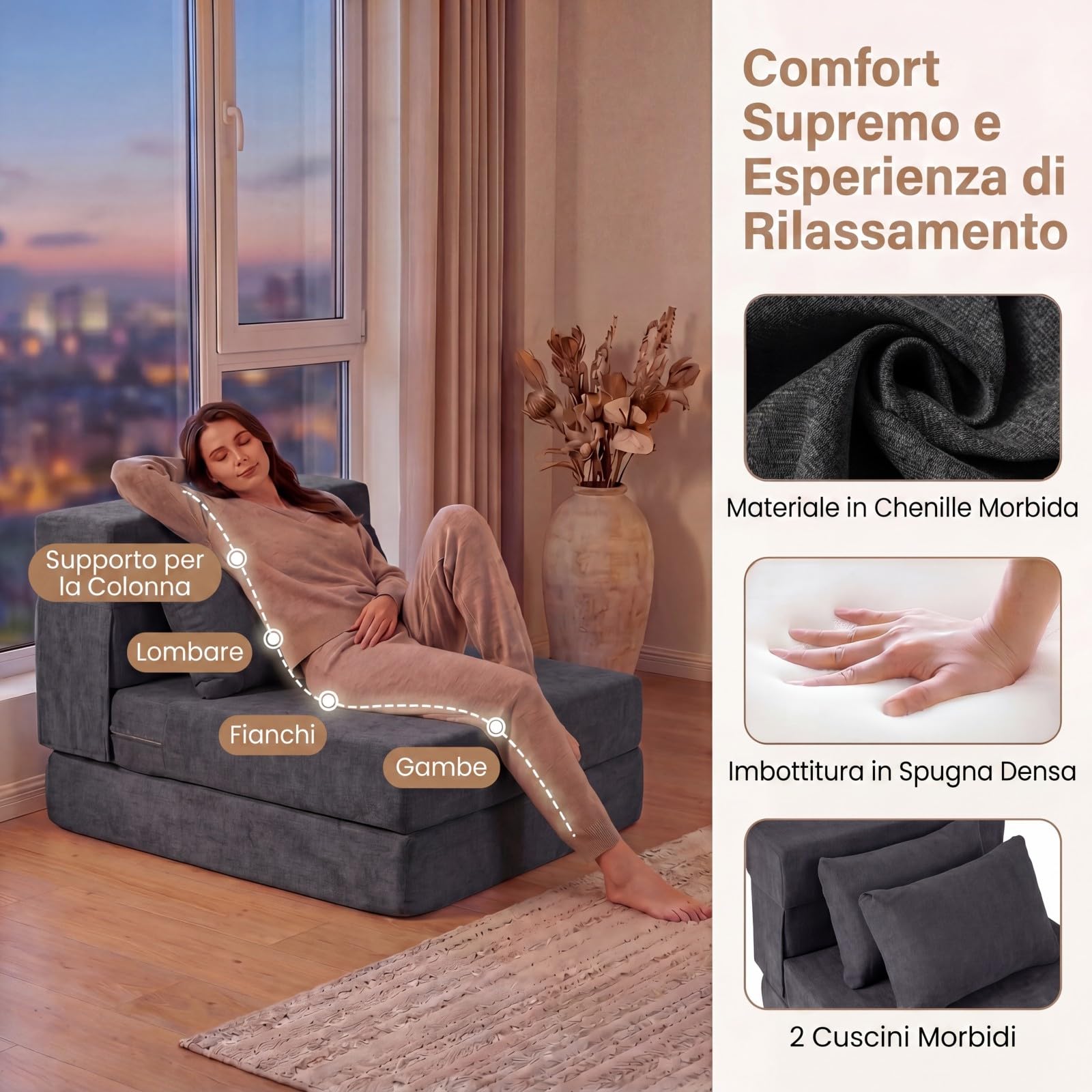 SOARS Divano Letto 2 Posti Pieghevole, 3 in 1 Divanetto Trasformabile con 2 Cuscini, Schiuma ad Alta Densità e Rivestimento in Tessuto Chenille, Poltrona Letto per Soggiorno (Grigio,72 x 76 x 58 cm)