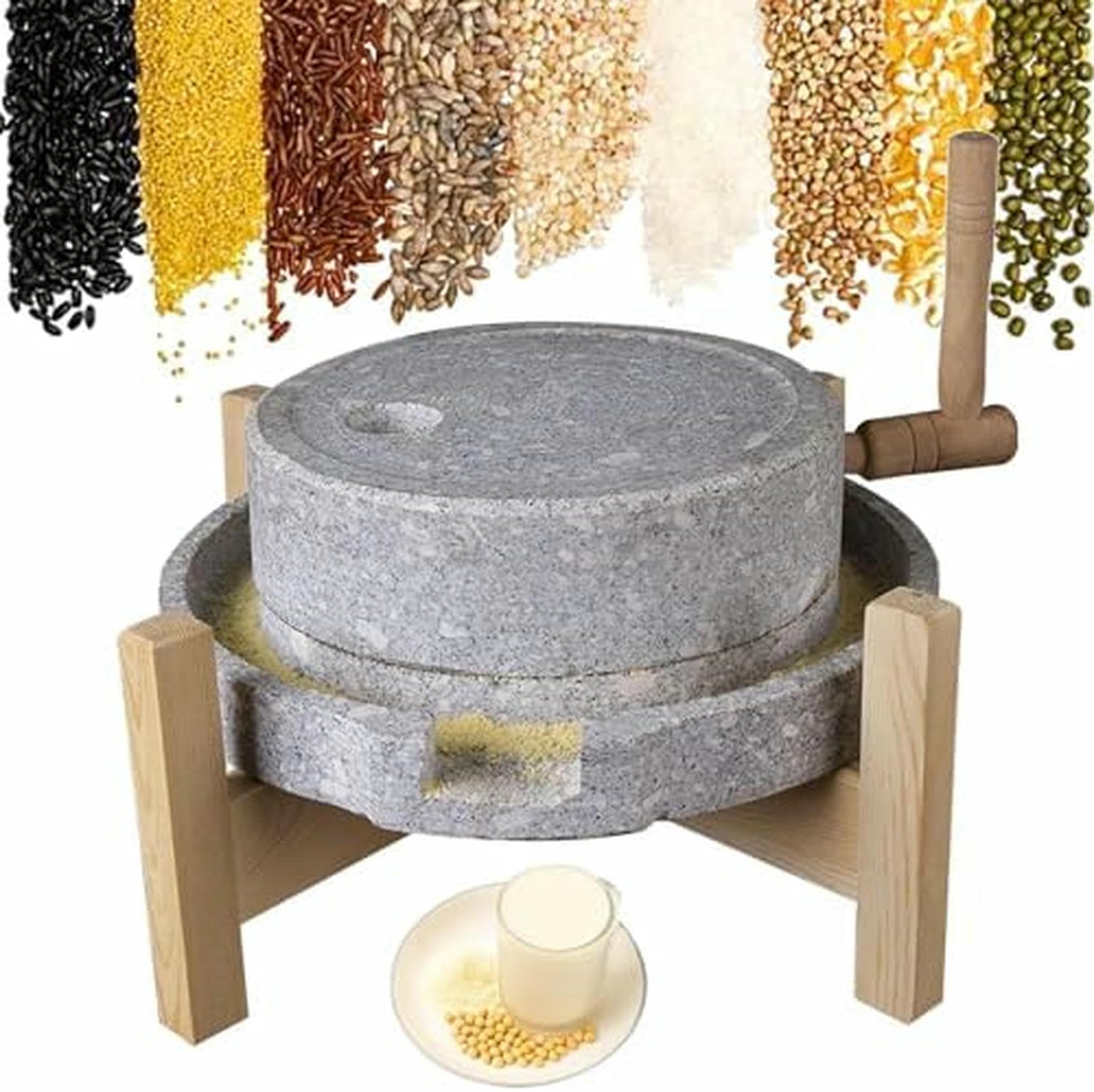 Steinmühle Getreidemühle Trocken/Nassmahlen, Natur Granit Lebensmittelmühle für Tofu, Sojamilch, Sesam und Bohnen, inklusive Ständer