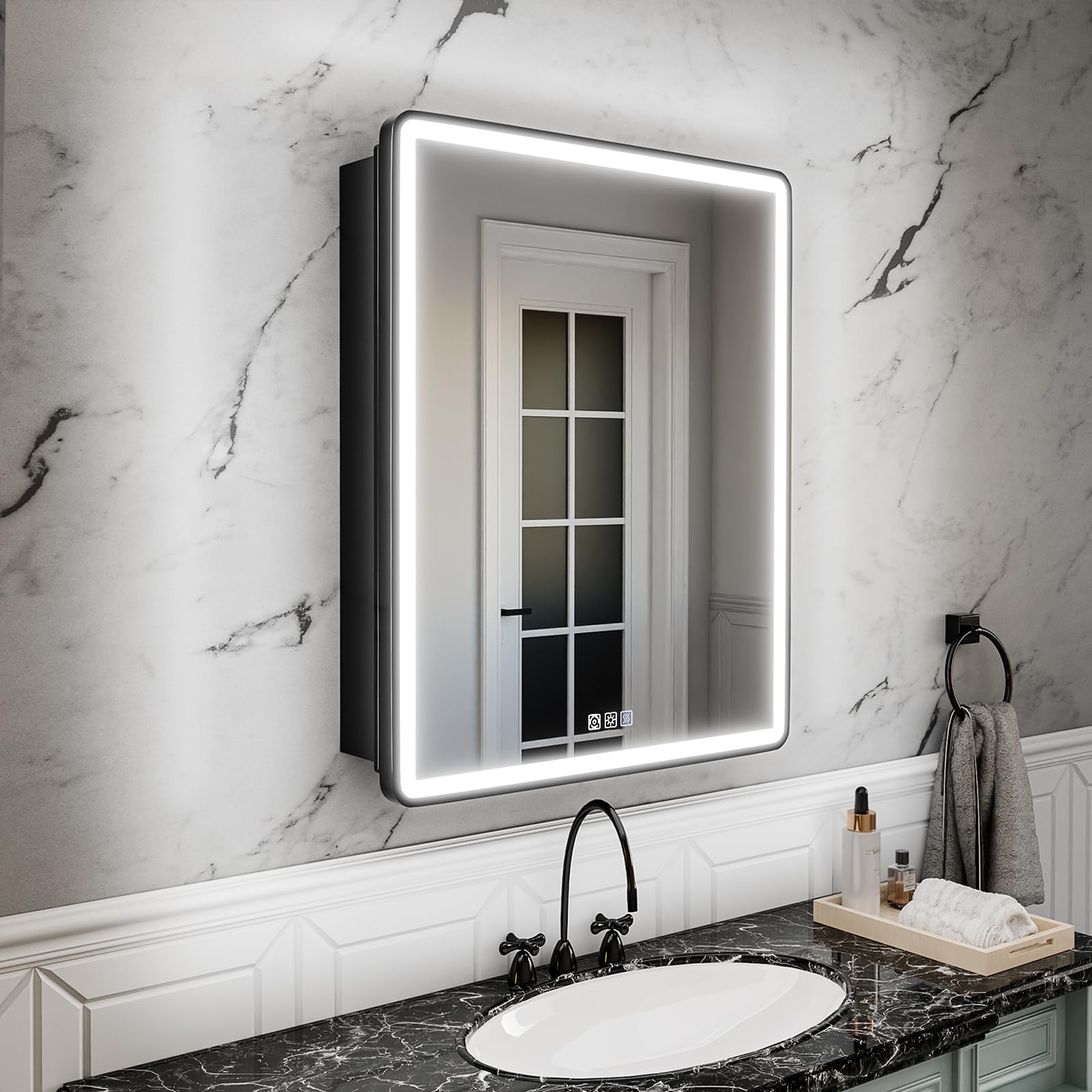 ComfyStyle 24x30 Lighted Medicine Cabinet with Mirror, Sand Black Frame,3 Colors Temper dimmable,led Medicine Cabinet with Mirror defog,stepless dimming,Surface or Recessed Mount,Door Right Open