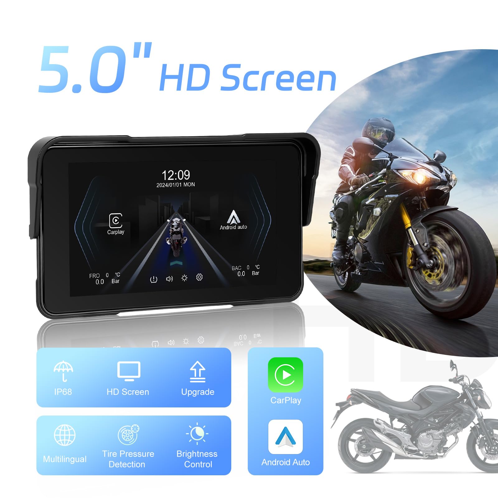 Schermo CarPlay Moto 5" HD Wireless Apple CarPlay Android Auto IP68 Impermeabile Bluetooth TPMS
