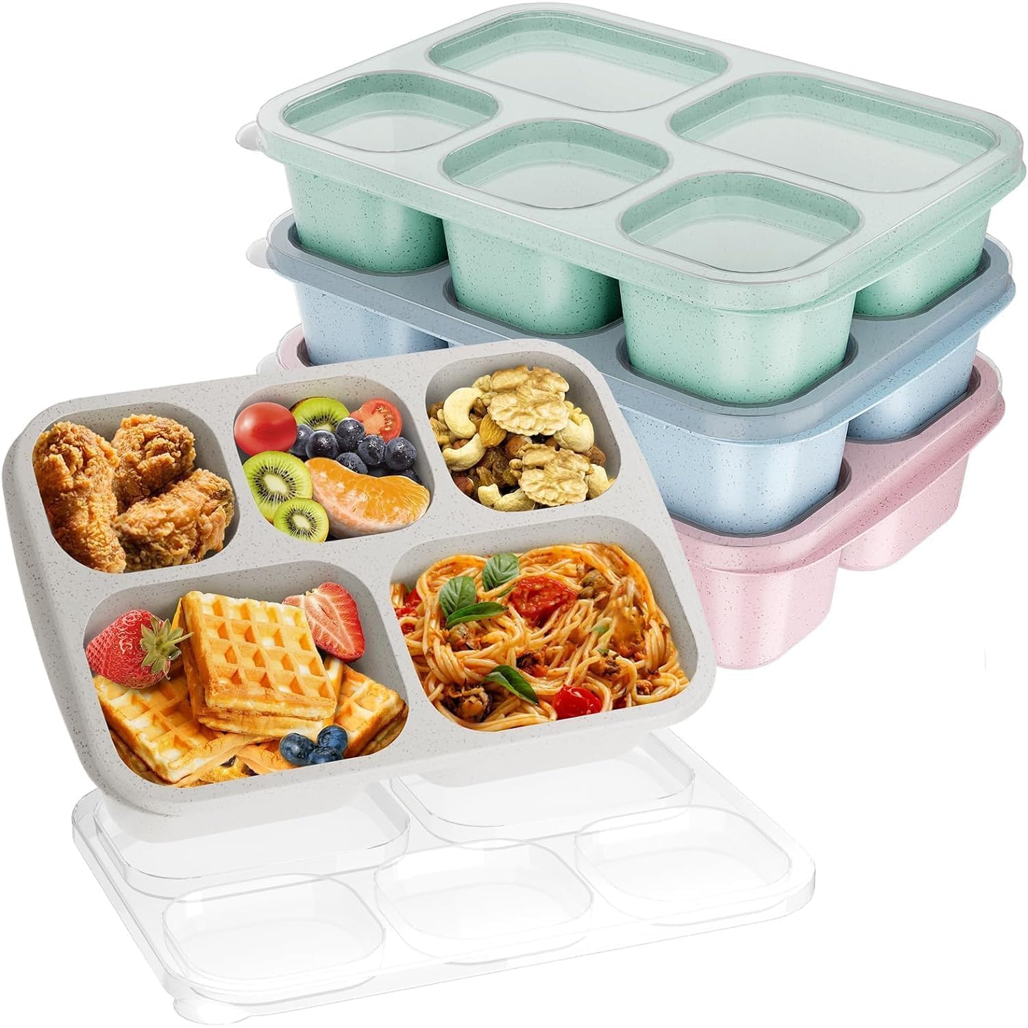Bento Lunch Box, Bento Box, Reusable Lunch Box Kids with 5 Compartments Meal Prep Containers for Kids and Adults, Lunch Snack Containers with Utensils & Transparent Lids for School, 4 Pack (PP)