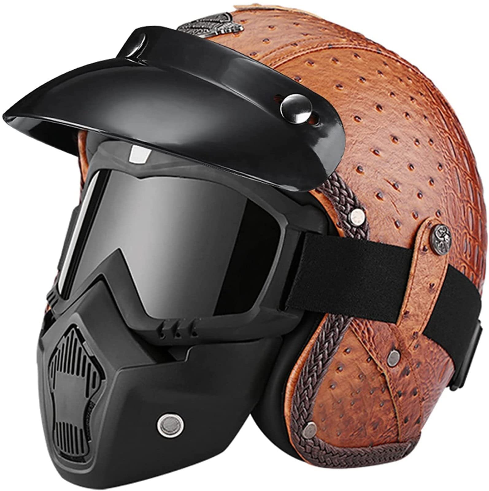 EBAYIN Rétro Harley Moto Demi-Casque 3/4 Casque Jet Casque Open Face Casque Adulte Sécurité Collision Casquette avec Masque Visage Dot ECE Approuvé Cruiser Chopper Scooter Casque,J-XL=（61~62cm）