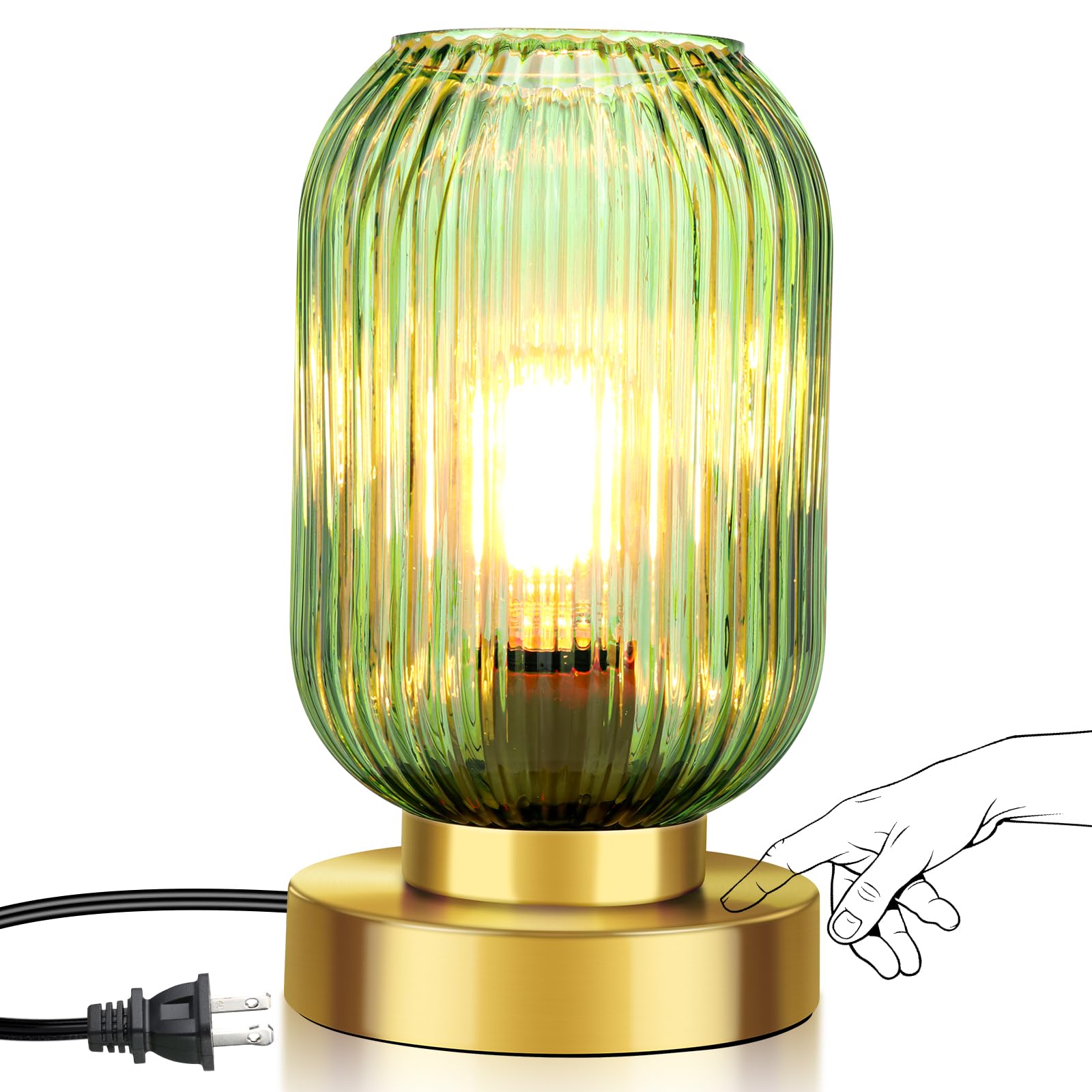 LEDIKON Mid Century Modern Table Lamp, Touch Control & 3 Way Dimmable, Green Ribbed Glass Shade, Small Gold, Vintage Bedside Lamp for Bedroom, Living Room,Office (Bulb Included)