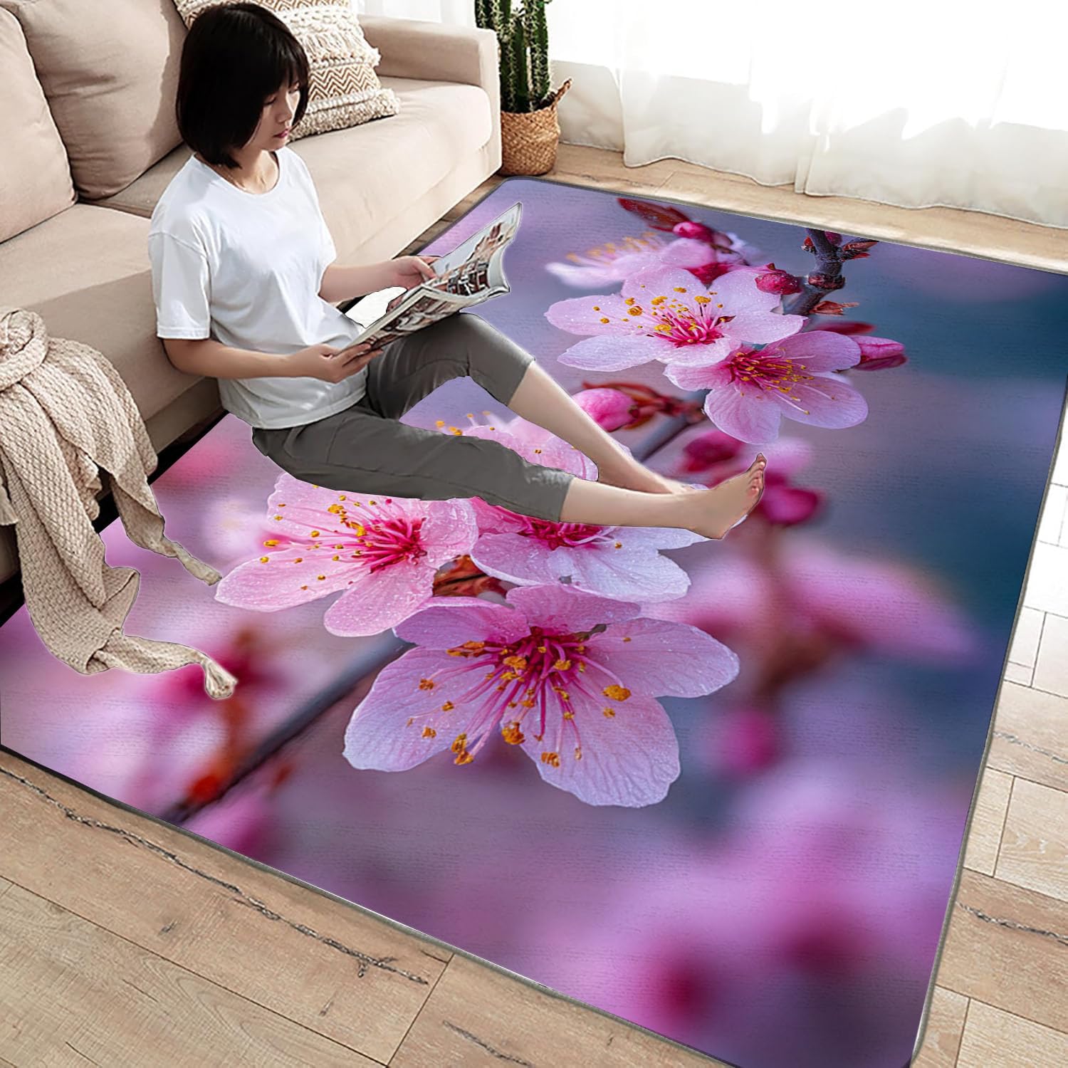 Tapis de Salon Imprimé Coloré Branche de pêche en Poudre pour Salon, Chambre, Bureau(Rose pâle)-90x120cm