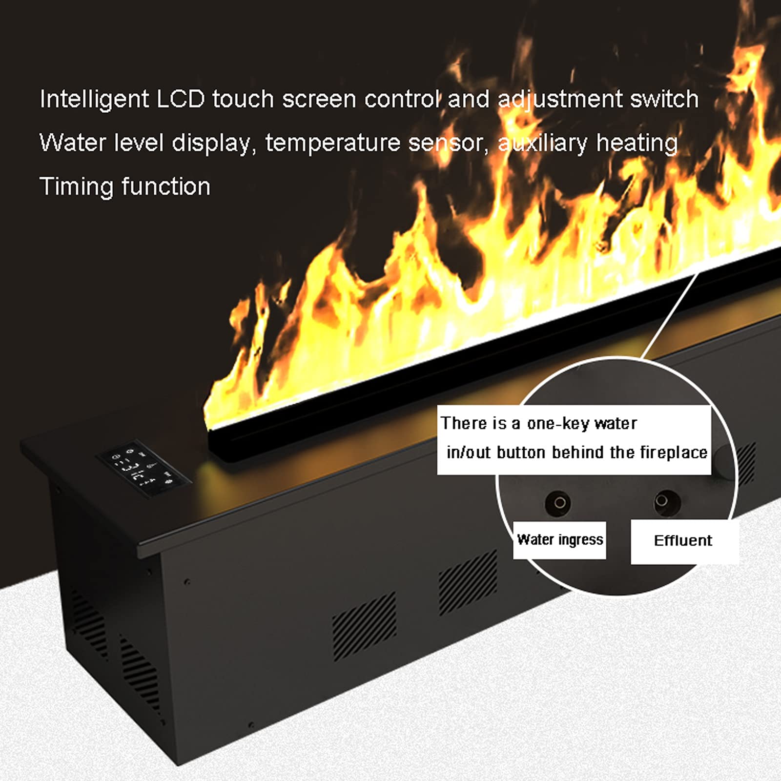 Caminetti elettrici Simulazione 3D Fiamma Elettrica Camino da camino da incasso Camino elettrico da incasso con controllo intelligente touch screen LCD e funzione di temporizzazione, fiamma taccibile,