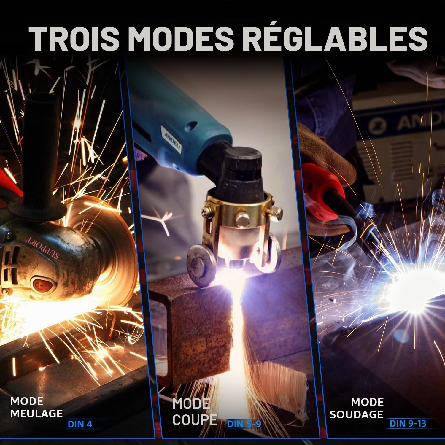 ANDELI Casque de soudage – 180 ° panoramique à 6 capteurs d'arc, True Color, obscurcissement automatique avec lumière et détection de mouvement, batterie rechargeable 2100 mAh pour TIG/MIG/Cut/Grind