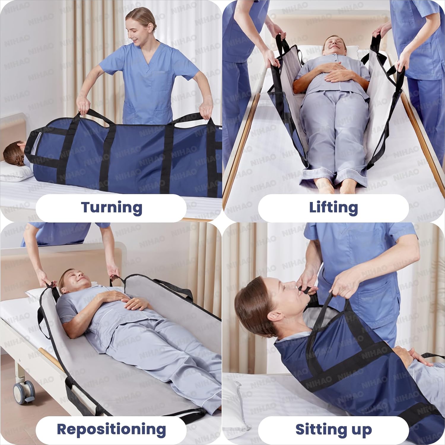 NIHAO Draw Sheet with Handles Positioning Bed Pad Washable 48" x 40" Multipurpose Patented Flannel Patient Transfer Sheet for Bedridden Lifting Turning Sliding, Navy Blue