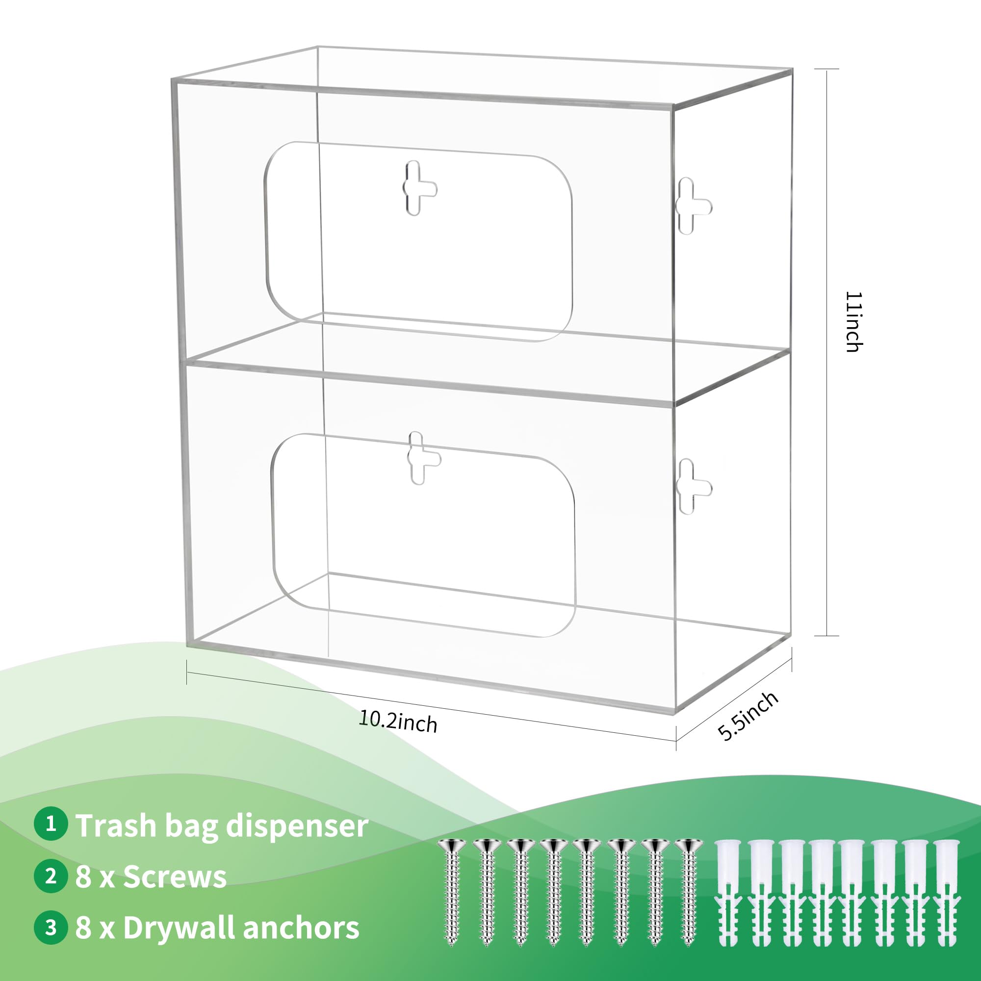 Dispensador de bolsas de basura, organizador de bolsas de basura acrílicas 2 en 1, soporte de bolsa de comestibles montado en la pared para almacenamiento de cocina, bolsas de basura de plástico, caja