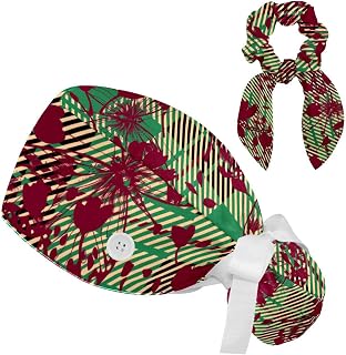FVQL 2 Pieces Surgical Cap for Long Hair Scrub Cap with Hairband Nurse Cap, Plaid and Butterflies