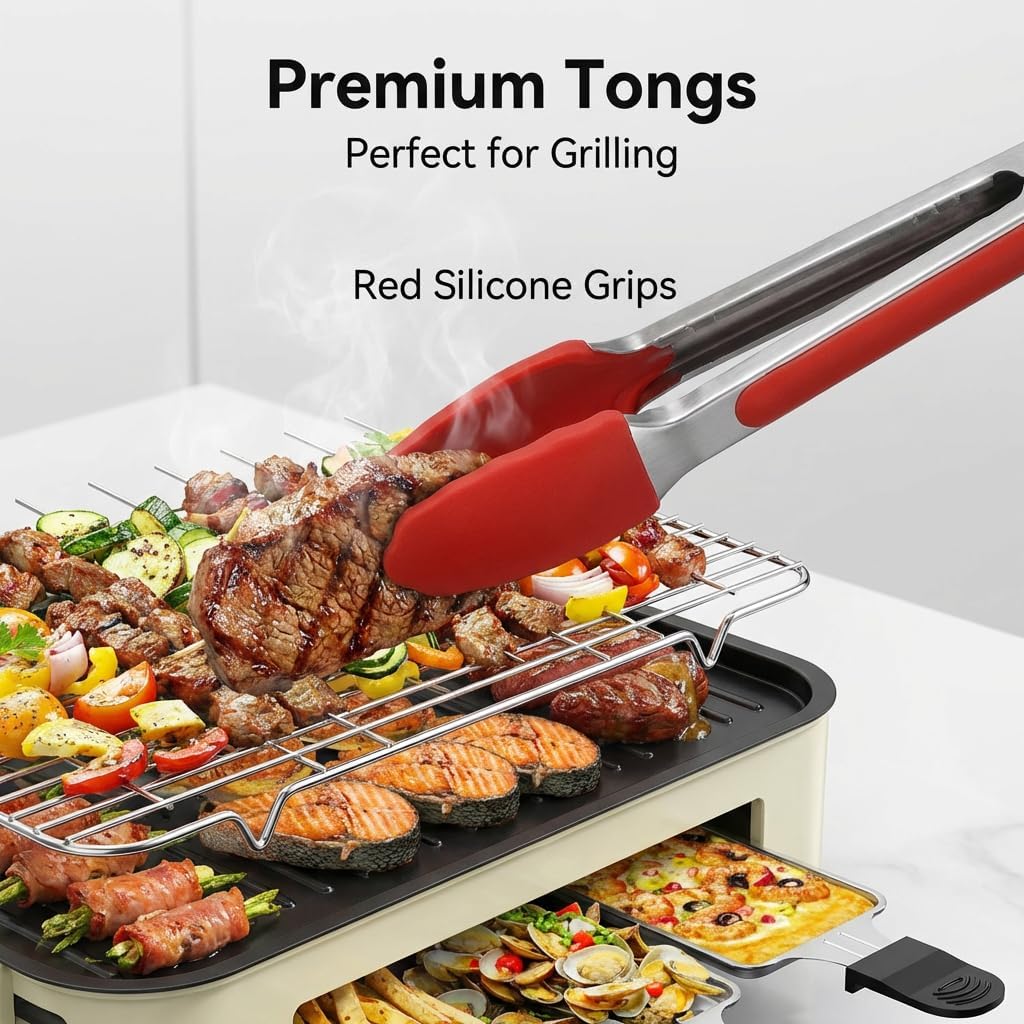 5-in-1 Electric Grill, 1700W High Power BBQ Grill, Indoor Outdoor Portable Grill with Removable Plate, Precise Temp Control, Easy Clean, Includes Clips & Sponge, White/Black/Red (red)