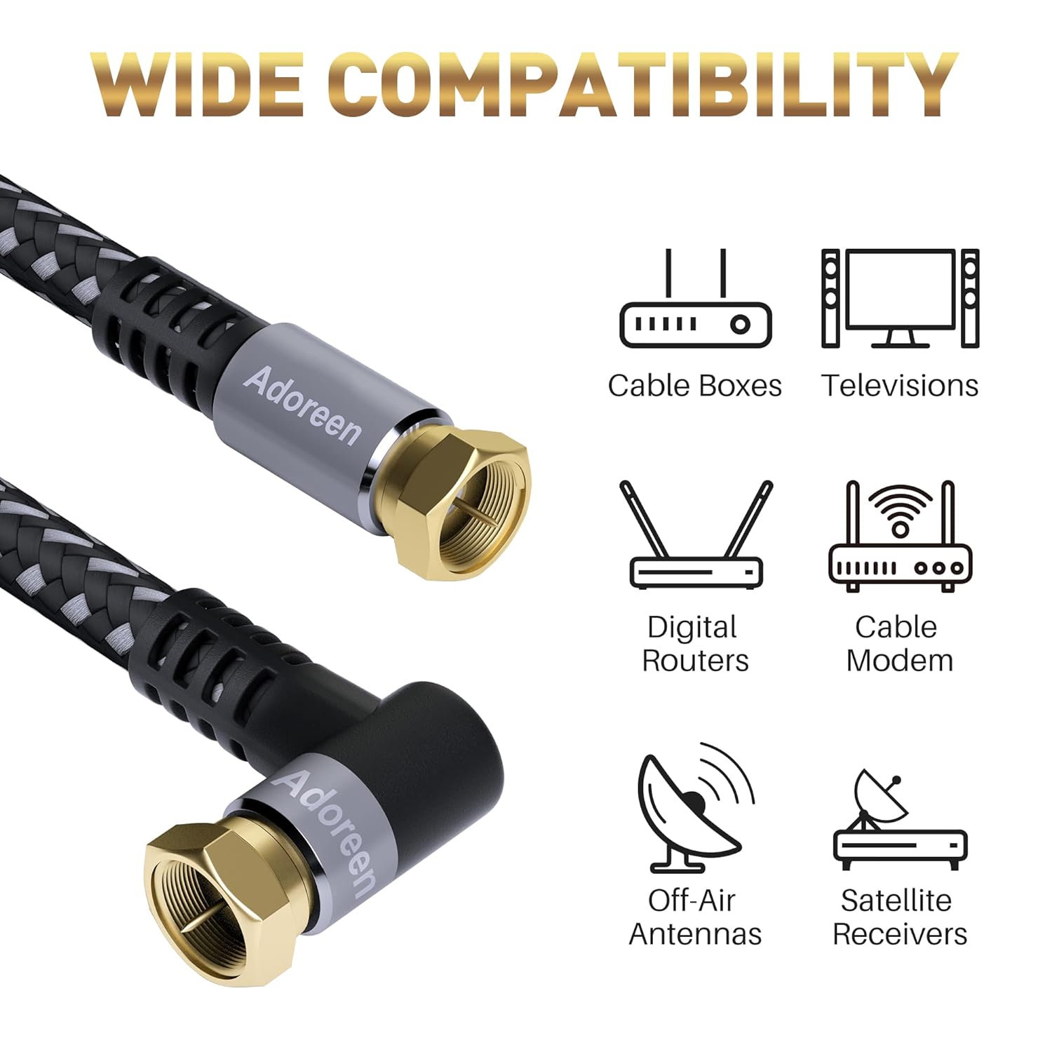 Adoreen Coaxial Cable 3 ft-2 Pack-Right Angle Quad Shielded 90 Degree RG6 Coax Cable Cord, Male F Gold-Plated Nylon-Braided, in-Wall, Digital TV Aerial AV with Angled Male to Female Adapter+15 Ties