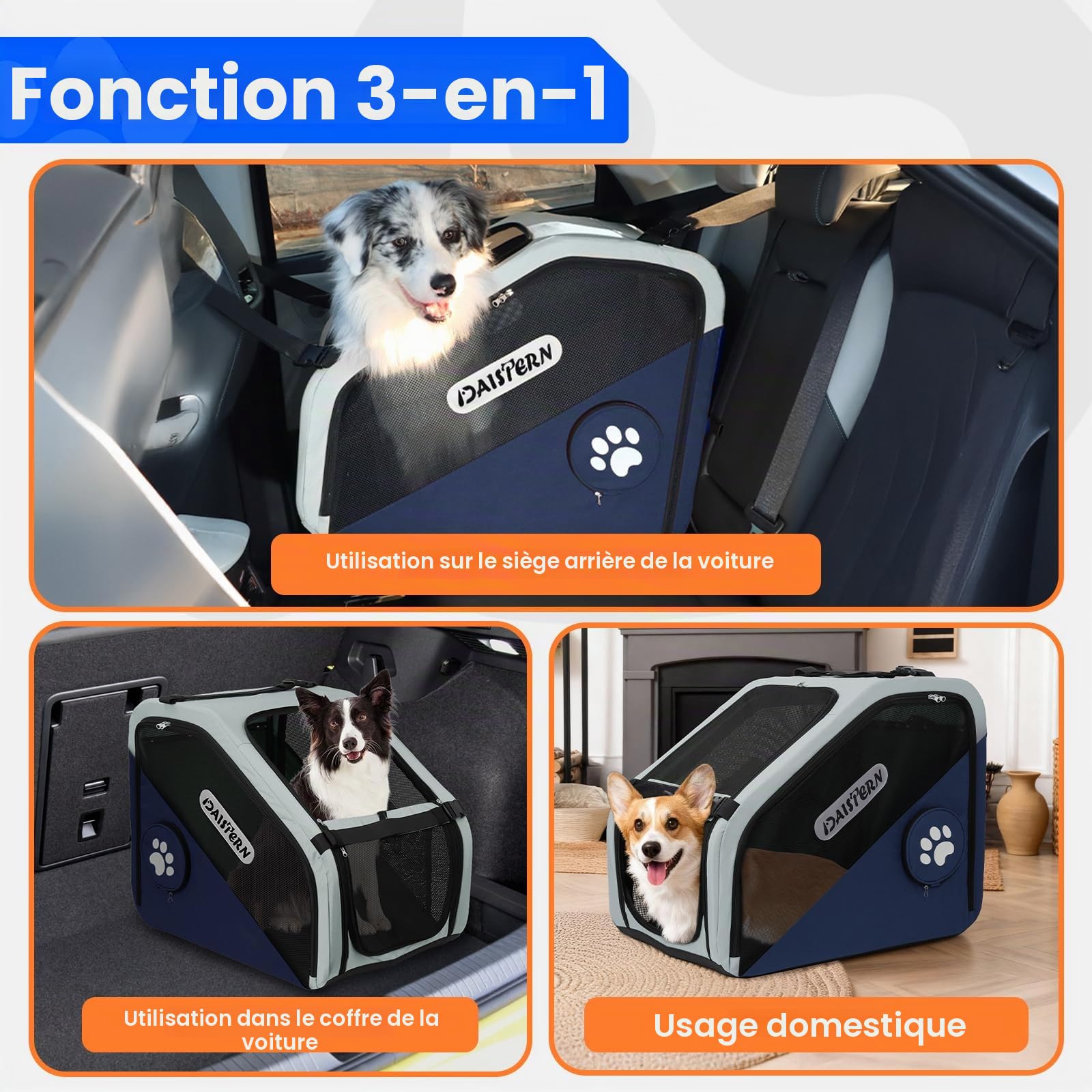 Cage de Transport Chien Pliable pour Voiture, Caisse de Voyage Souple pour Petits et Moyens Chiens, Cadre Métal Robuste, Fenêtres Maille Respirantes, Pliage Rapide, Bleu