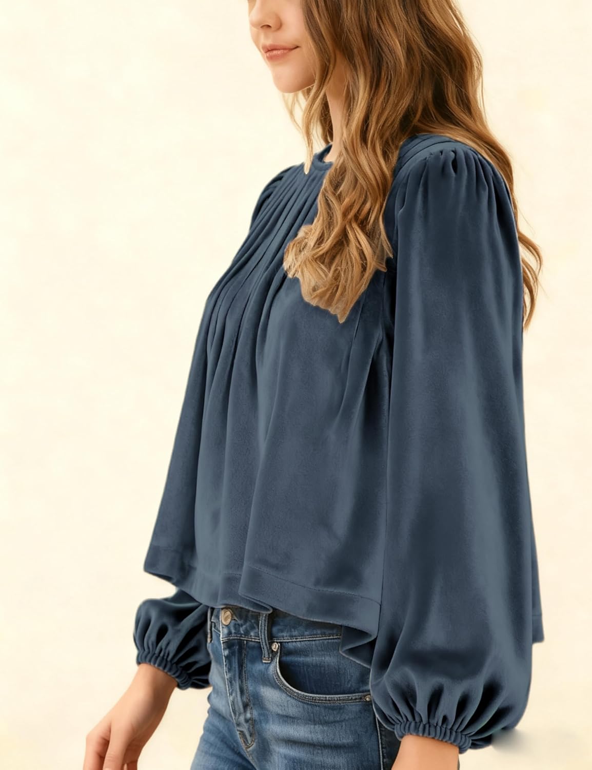 Gozoloma Women's Velvet Babydoll Top Long Sleeve Bubble Blouse Pleated Smocked Cuff Dressy Casual Shirt Holiday Party Blouse - Image 2