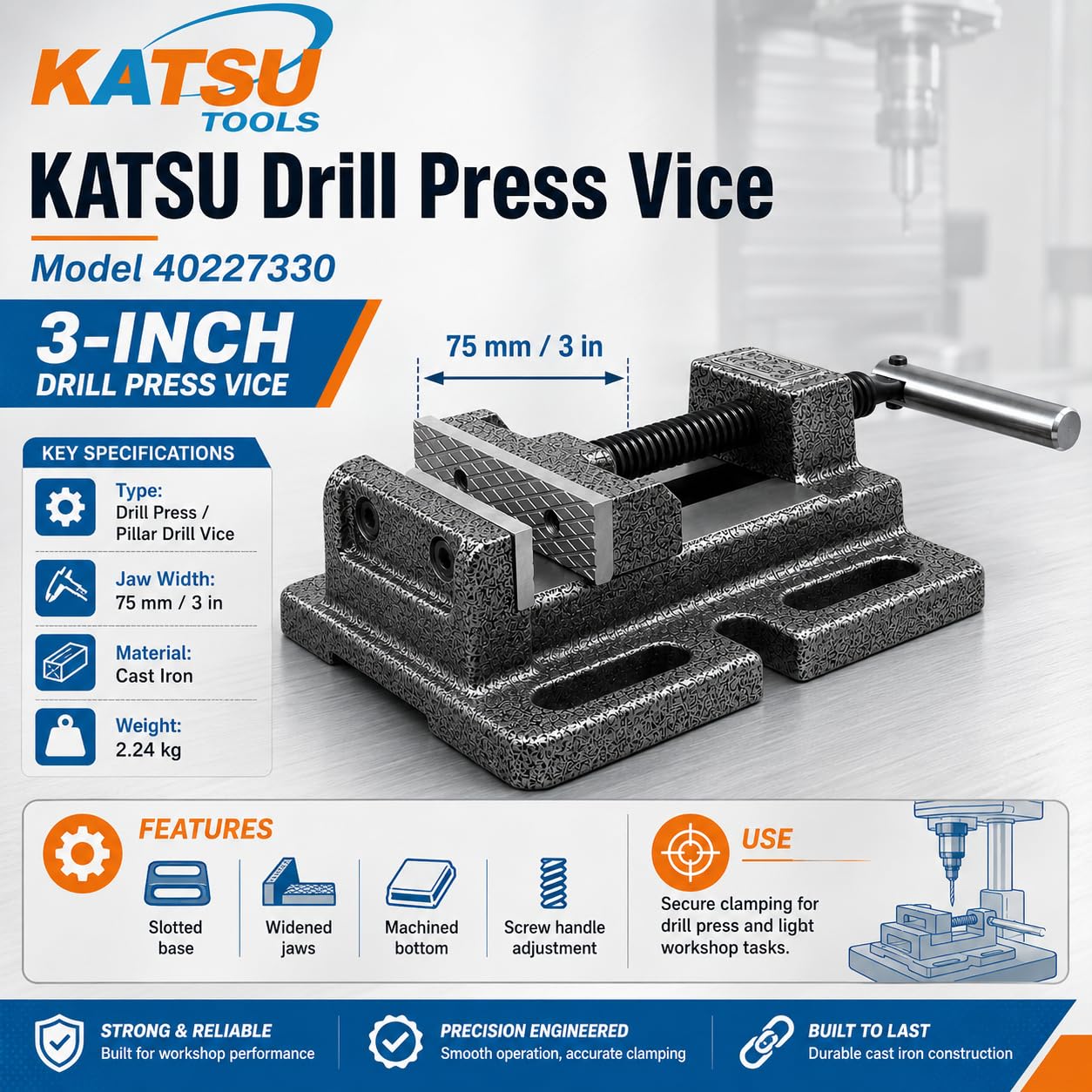 KATSU Tornillo de Banco para Taladro de Columna 3" 75mm Tipo Americano de Calidad Profesional para Taladro de Prensa de Fresadora 40227330