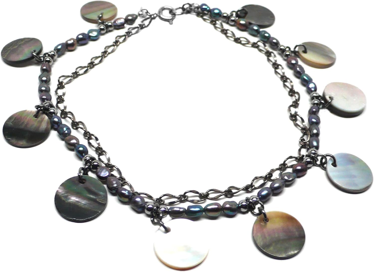 Blacklip Shell Coin Dangle Anklet Gunmetal Chain Gray Cultured Freshwater Pearl 11 Inches
