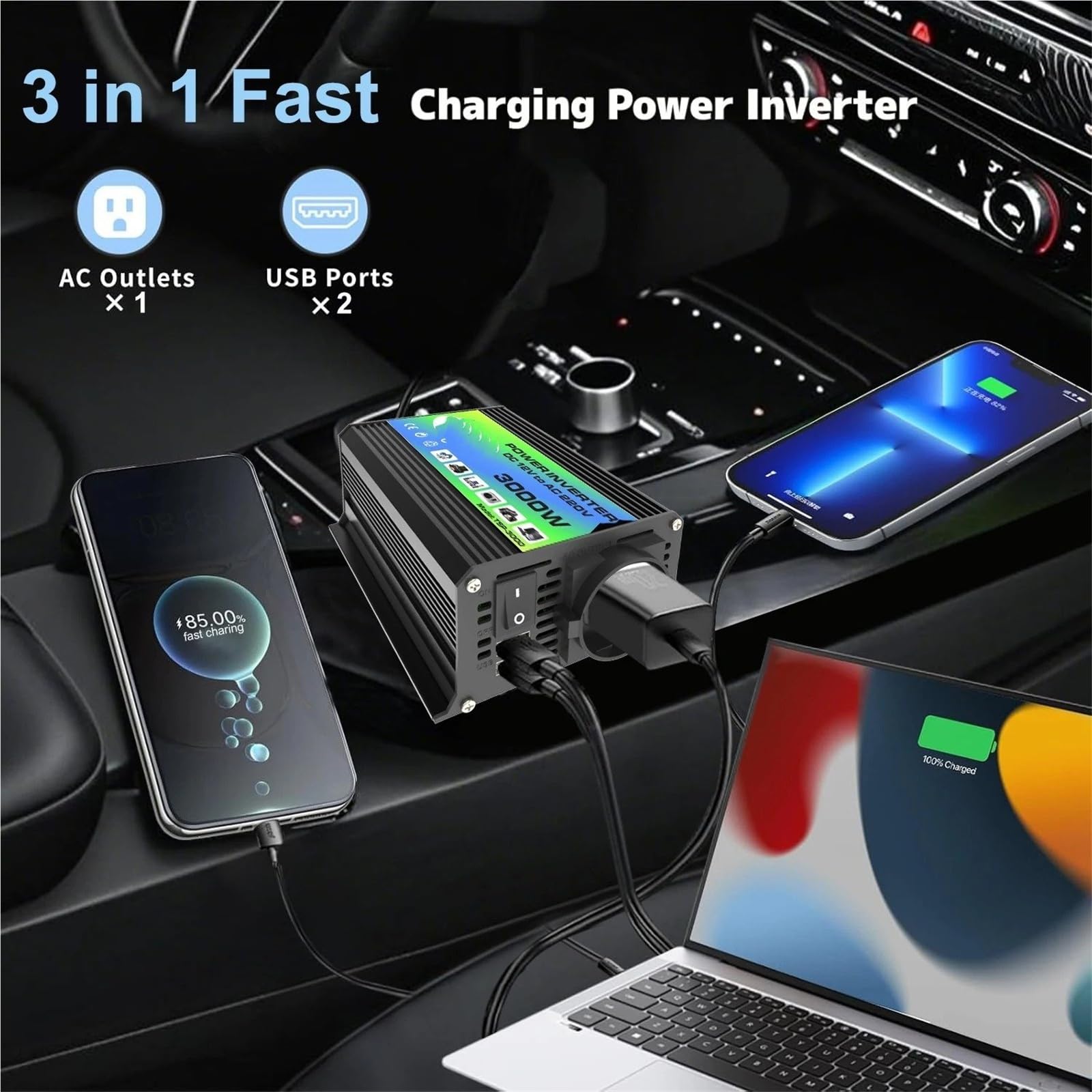 Inversor Corriente Coche Inversor Corriente Máxima Coche 300W Clasificación 3000W 12V CC 220V CA Enchufe Europeo USB Dual Carga Rápida 42a LED USB 8 Protecciones(Universal 12V 220V)