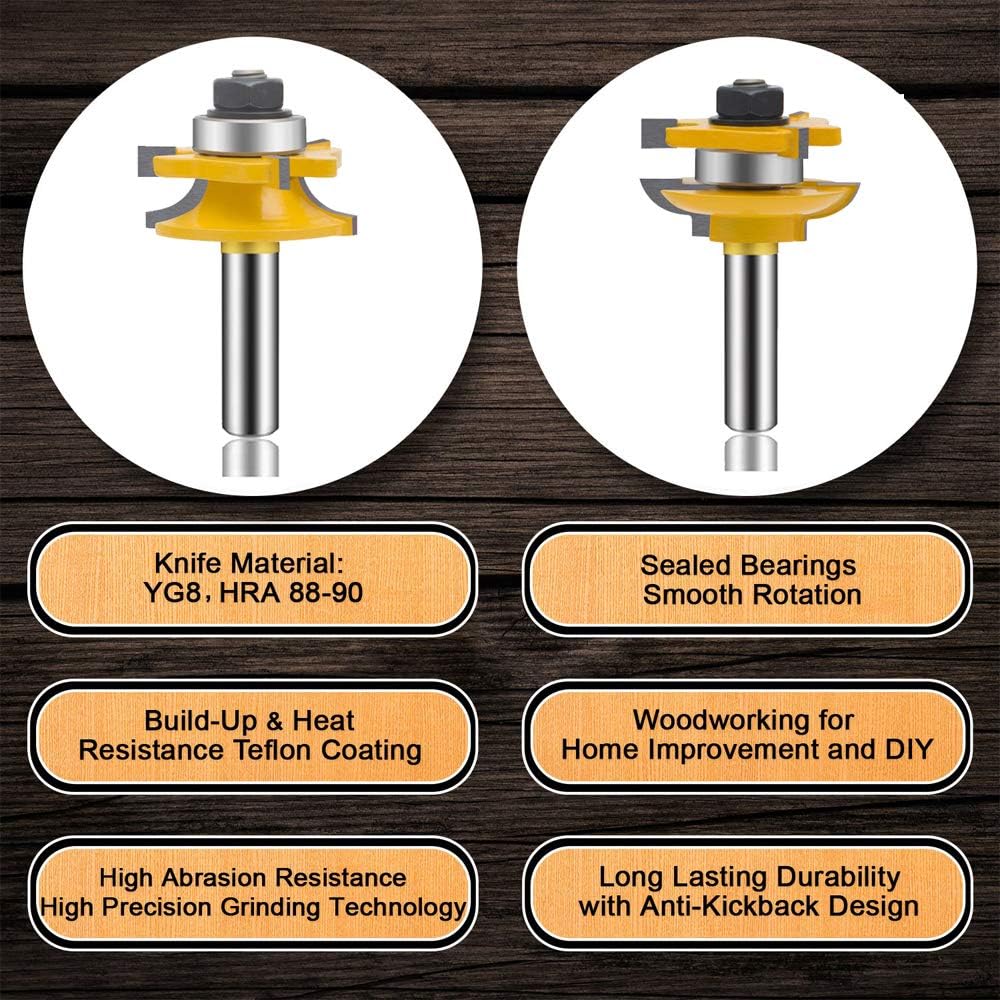 LEATBUY 1/2 Inch Shank Raised Panel Router Bit Set 3 PCS, Round Over Cabinet Door Rail and Stile Router Bits, Woodworking Wood Cutter, Wood Carbide Groove Tongue Milling Tool(1/2-Double R)