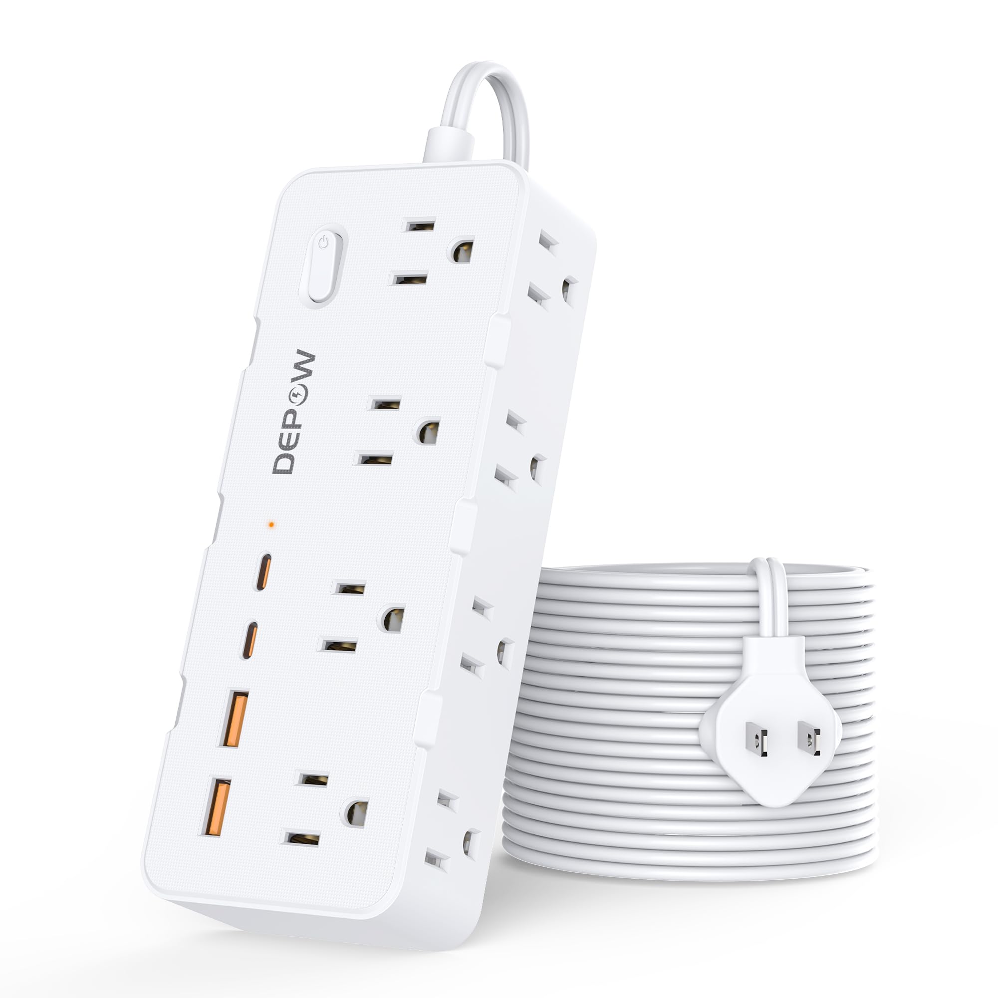 DEPOW - Tira de alimentación de 2 clavijas, cable de extensión de 10 pies, adaptador de salida de 2 a 3 clavijas con 8 puertos CA y 4 puertos USB (2 USB C), protector de sobretensión de dos clavijas