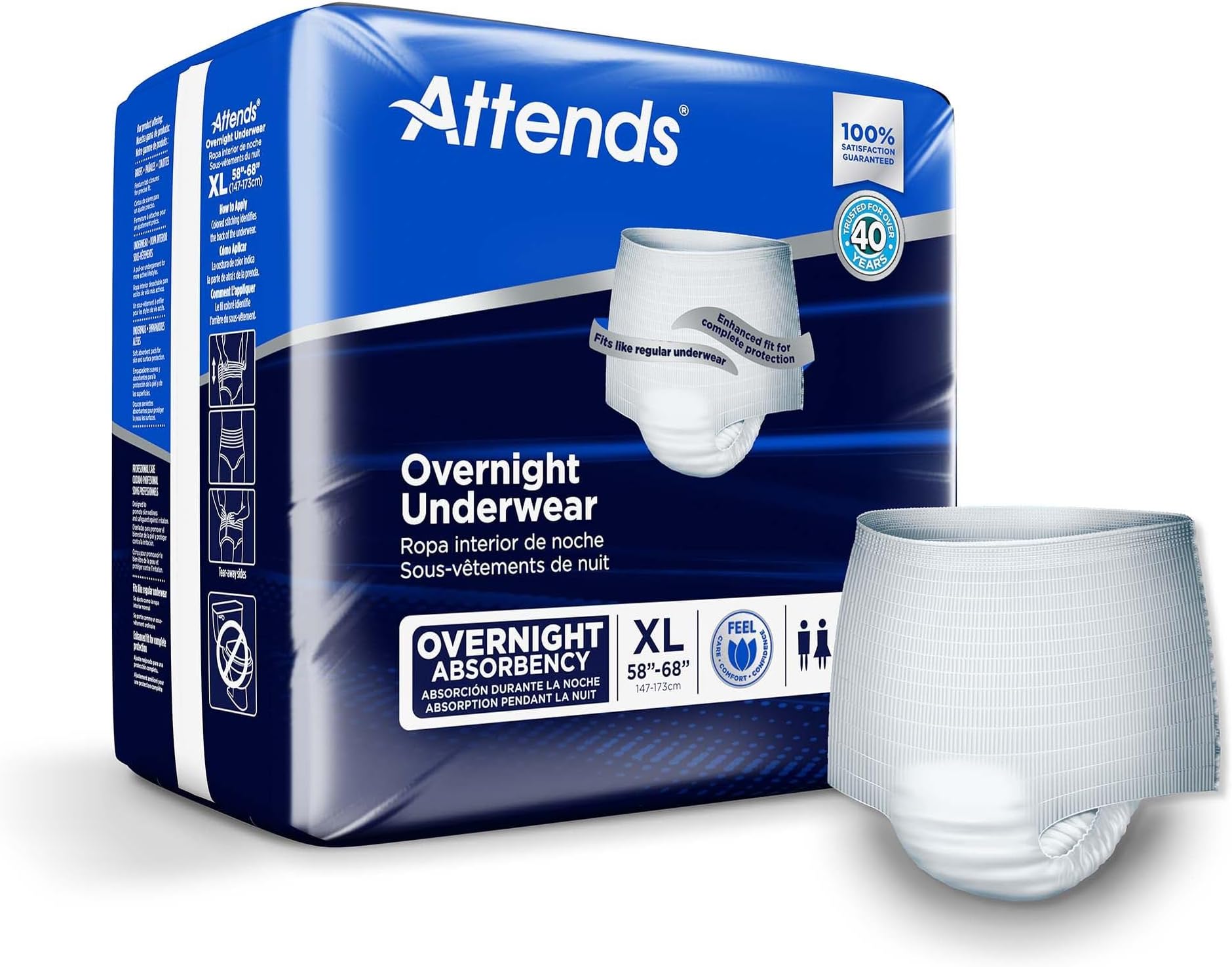Attends Overnight Underwear for Adult Incontinence Care with ConfidenceCuffโข Protection, Overnight Absorbency, Unisex, X-Large, 12 Count (x4)