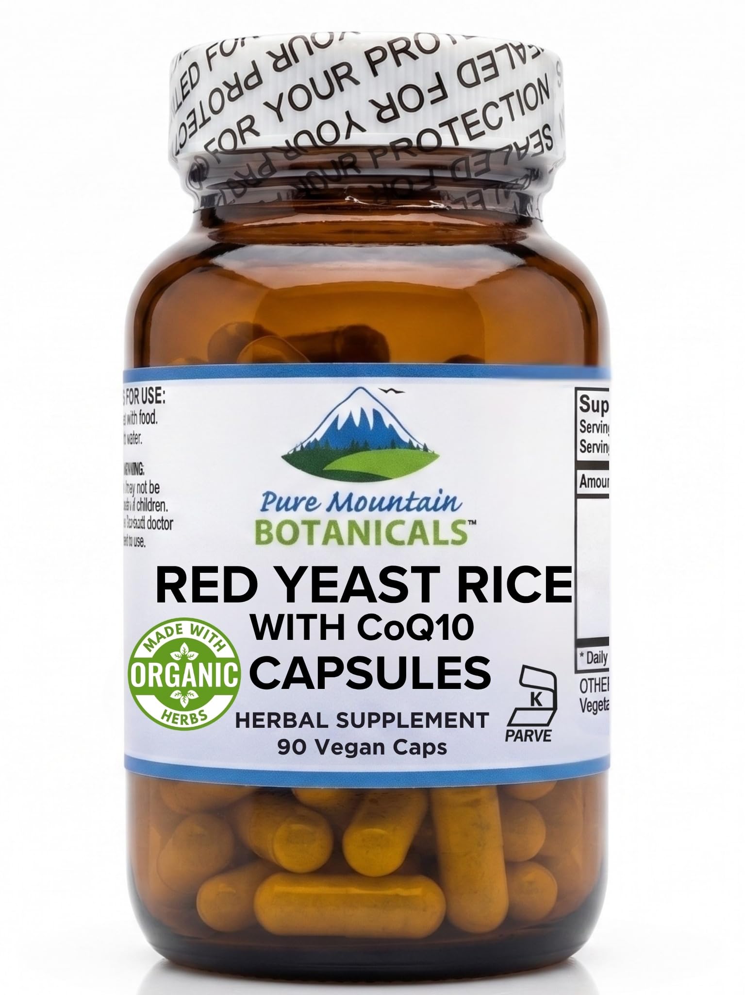 Pure Mountain Botanicals Red Yeast Rice with CoQ10-90 Vegan Capsules - 600mg Per Capsule Plus 30mg CoQ10 - Kosher - Non-GMO Red Rice Yeast Supplement - No Fillers