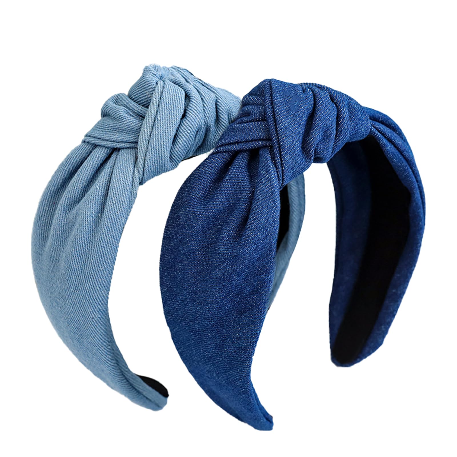 2Pcs Vintage Denim Knot Headbands Non-Slip Wide Hairbands Cross Knotted Head Wear Hair Accessories(Dark Blue + Light Blue)
