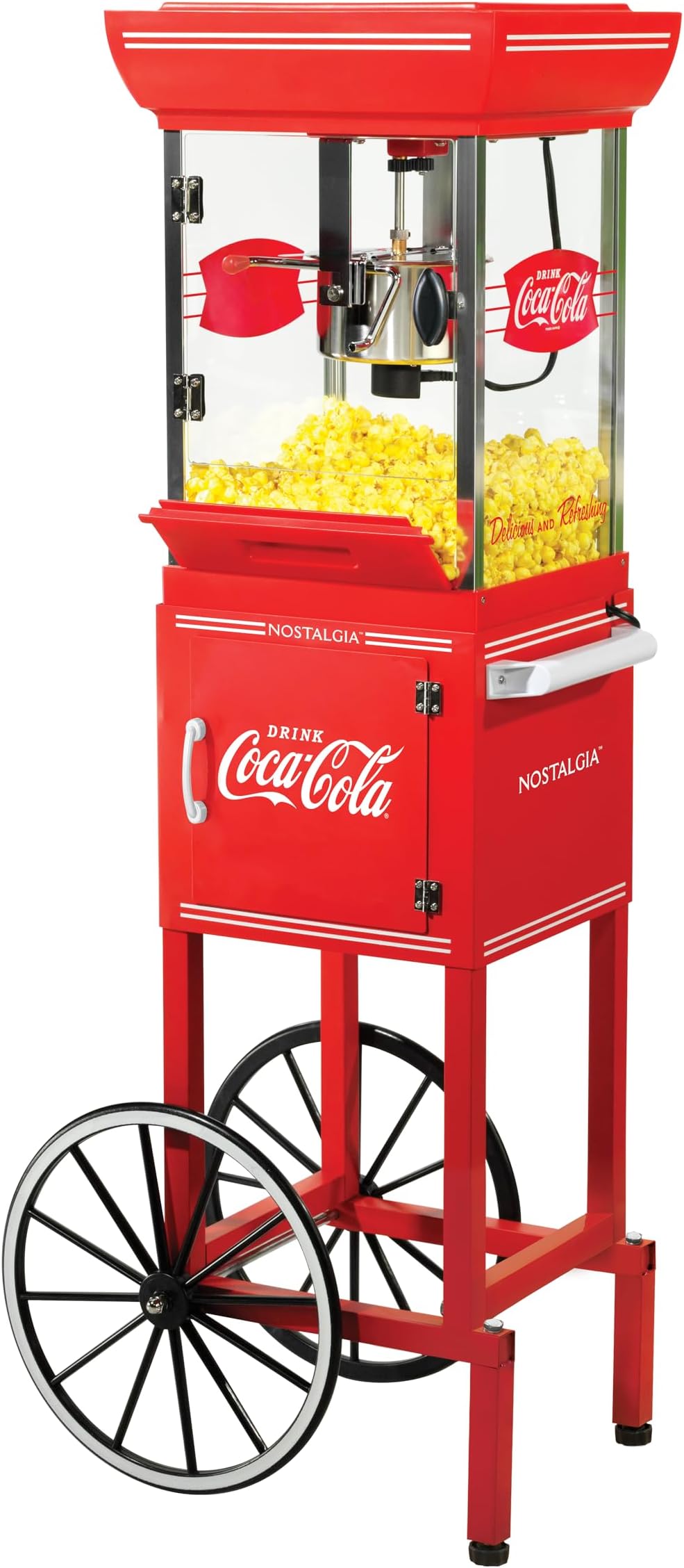 Nostalgia Coca-Cola Popcorn Maker - 48-Inch Vintage Movie Theater Style Cart with 2.5 Oz Kettle, 10 Cup Capacity, Lighted Interior, Storage Compartment, and Wheels - Red