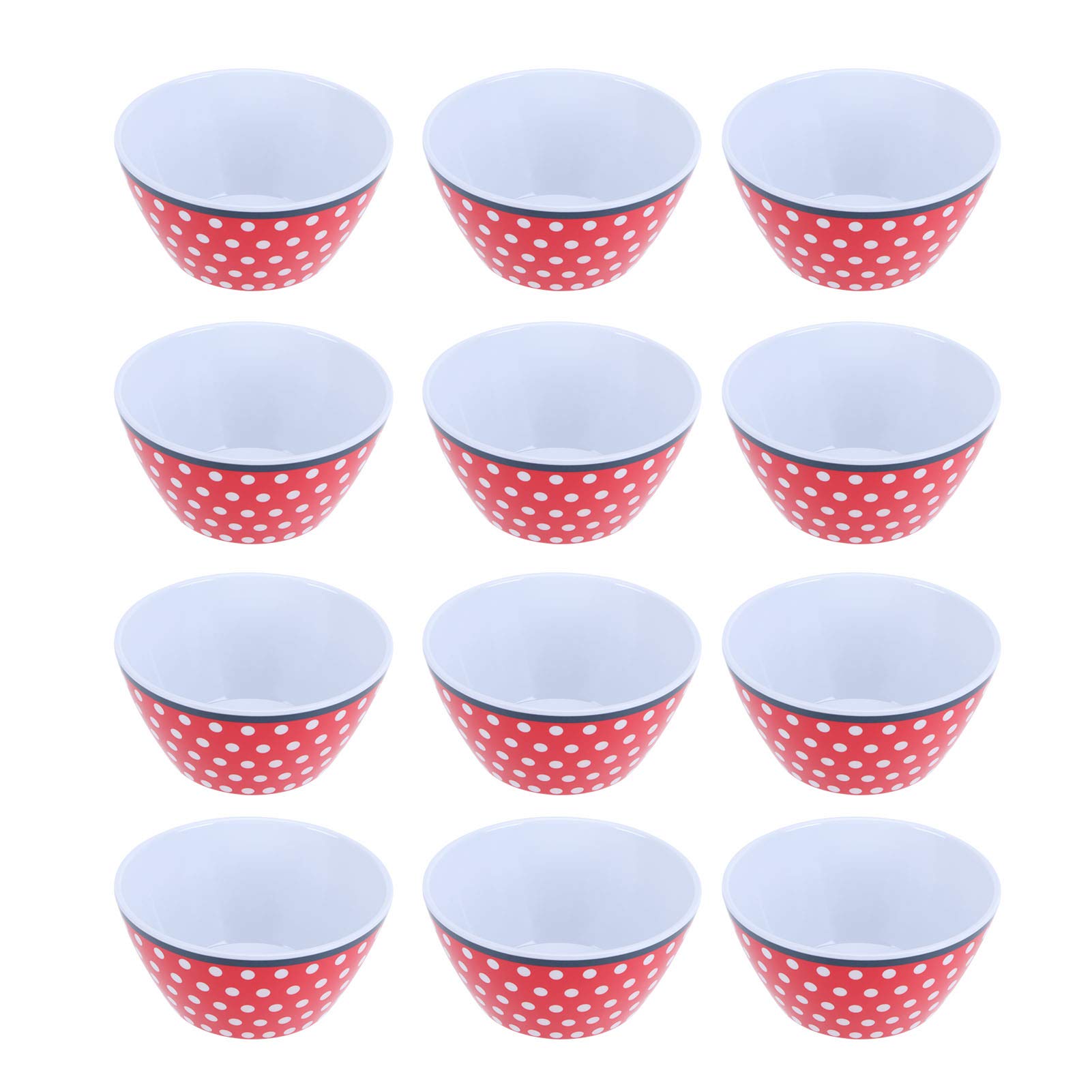 Juego de 12 cuencos para ensalada de 15 cm (6 pulgadas), elegantes cuencos para servir alimentos, vajilla de imitación de porcelana para cocina y comedor, material melamina, color (Roja con punto)