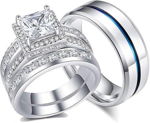 18k Gold Plated Princess Wedding Ring Sets for Him and Her Women Men Titanium Stainless Steel Bands 3.0Ct Cz Couple Rings