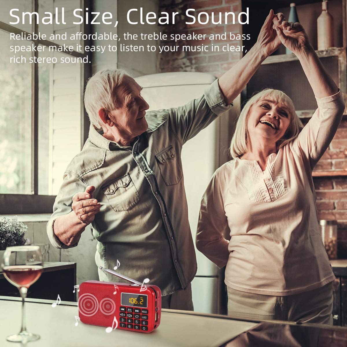 PRUNUS J-725 FM UKW Radio Klein, Digital Radios Wecker, Radio Batteriebetrieben mit 3000mAh Wiederaufladbare Batterie, USB/SD/TF/AUX-Player, Kofferradio mit Notlicht.(Rot)