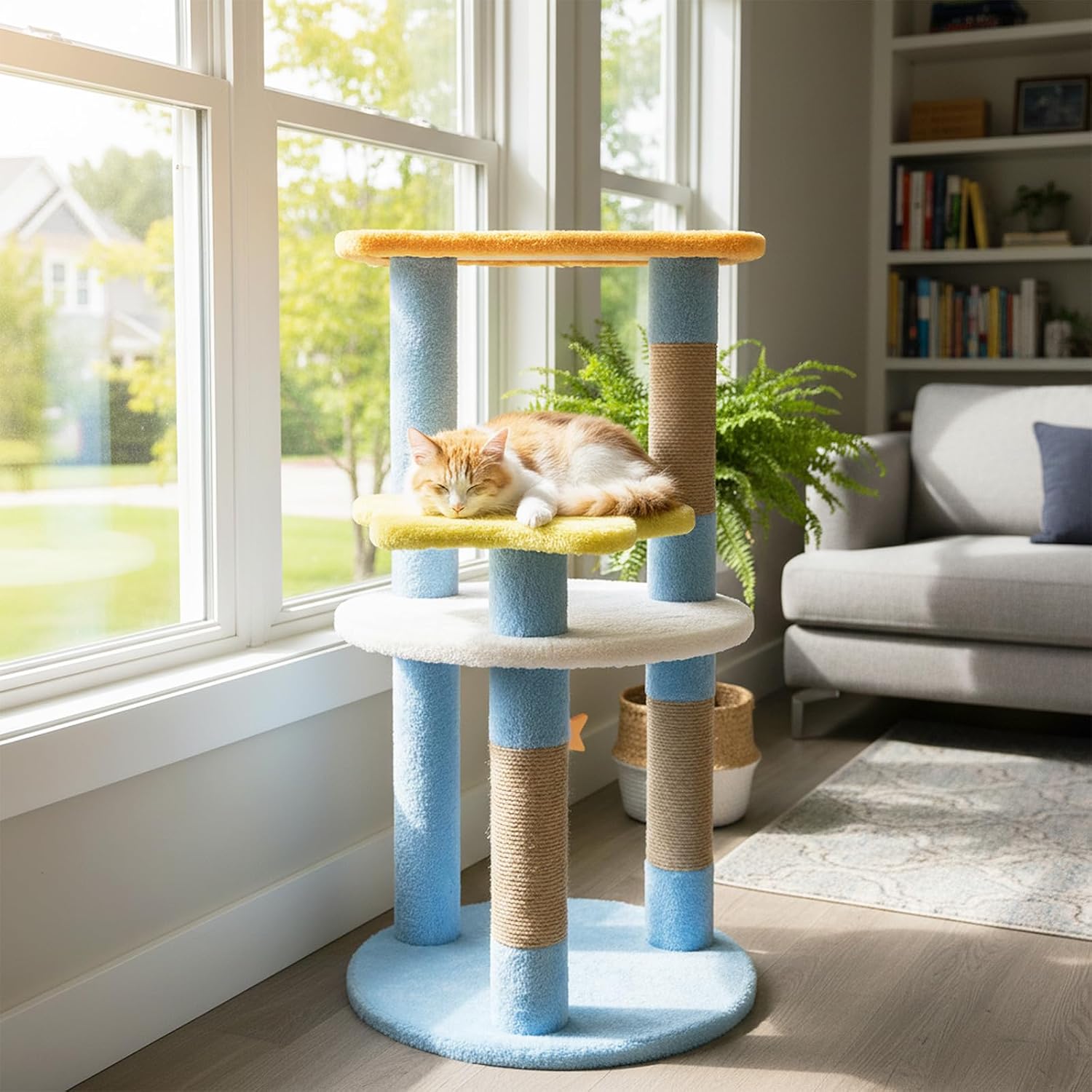 Tangkula Cute Cat Tree, 29 Inch Multi-Level Cat Tower with Jute Scratching Posts, Star & Moon Shaped Platforms, Perch Dangling Toy, Cat Climbing Furniture for Indoor Cats (Blue)