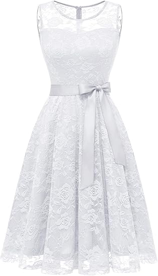 Amazon ドレッシースター ワンピース レディース 夏 大きいサイズ 花柄レースワンピース ひざ丈 ノースリーブ リボン付け 上品 通勤 お出かけ デート パーティー イブニングドレス 通販