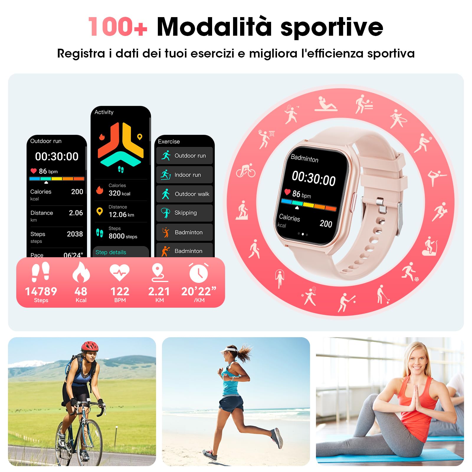 Smartwatch Uomo Donna,1.85" Orologio Smartwatch con Chiamata Bluetooth e Risposta Vivavoce,100+ Sportive Smart Watch con Sonno,Cardiofrequenzimetro,Contapassi,Fitness Tracker per Android iOS (Rosa)