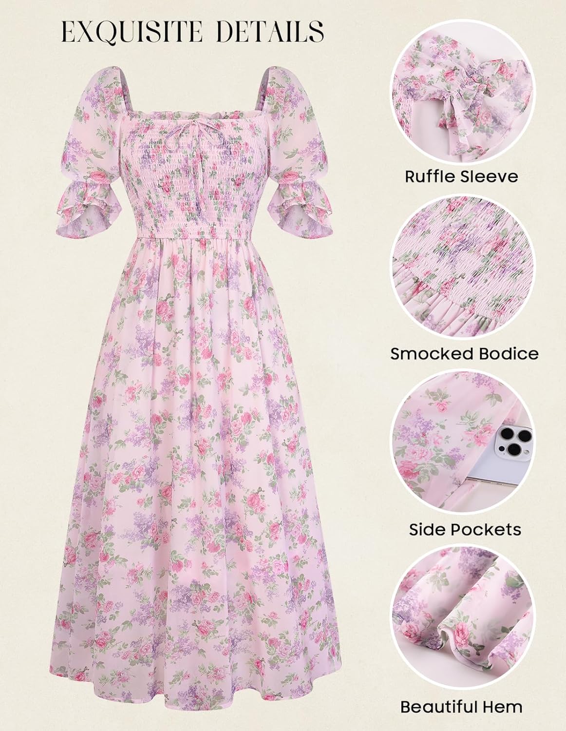 Scarlet Darkness 2026 Summer Floral Dress for Women Cottagecore Smocked Midi Dresses - Image 6