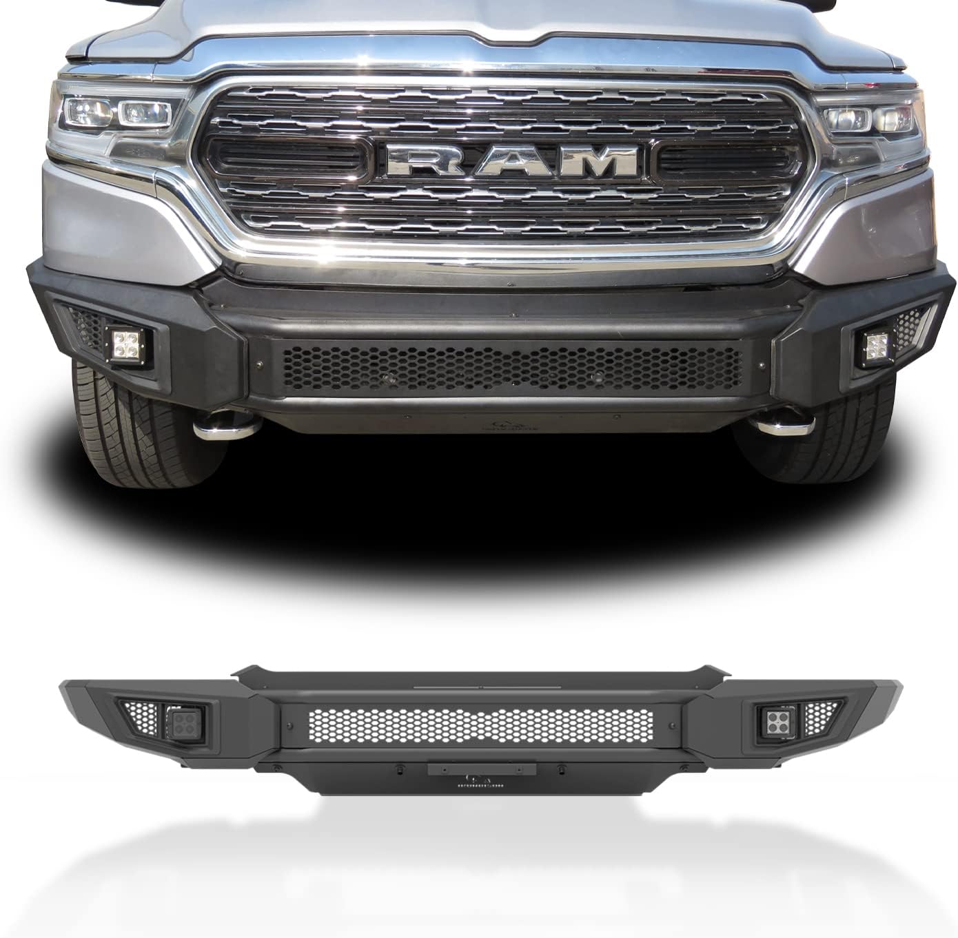 IRONBISON Front Bumper Fit 2019-2024 Dodge RAM 1500 (Excl. Rebel & TRX Trim, 19-24 Classic and 20-22 Diesel Models) Pickup Truck Bumper with 2 LED Fog Light Splash Guard Can Add 30” LED Light Bar