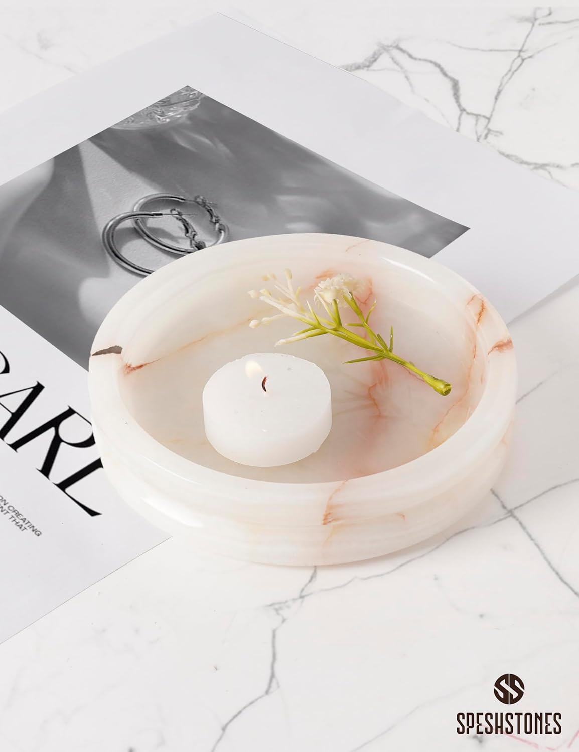 Marble Jewelry Dish 5 Inch Handmade Cream Onyx Jewelry Tray, Trinket Dish - Candle, Key & Ring Holder for Aesthetic Room Decor and Gifts for Women