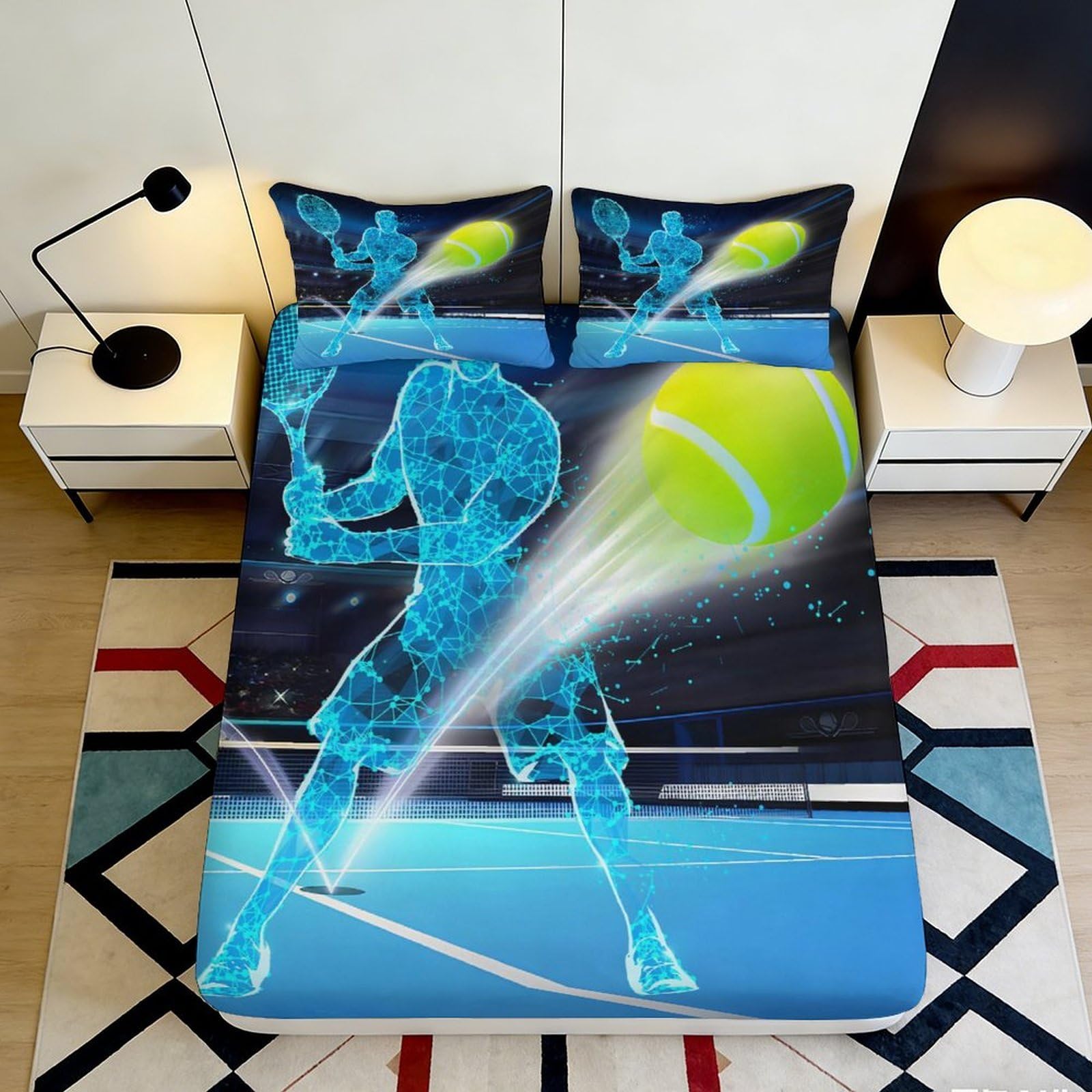 3D Printed Tennis Player Fitted Sheet Microfiber Soft Breathable Neon Ball Bed Cover for Bedroom Guest Room Decor 90x200x25cm
